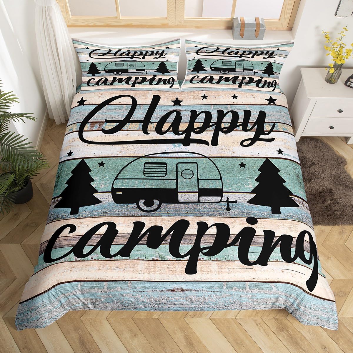 Camping Decor Duvet Cover Great Camping Bedding Set Teal Blue Wooden Plank Comforter Cover for Boys Girls Children Kids Teens Rustic Farmhouse Bedroom Decor RV Decor Bedspread Single