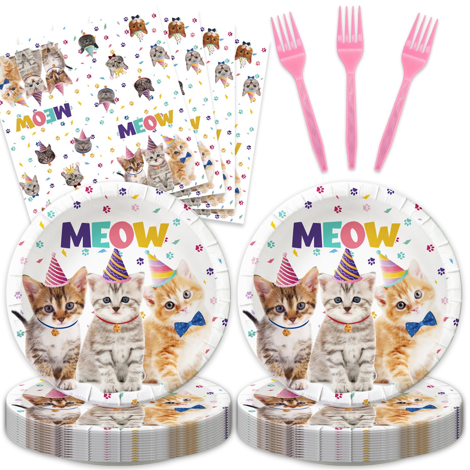 48Pcs Cat Birthday Decorations Birthday Cake Plates and Napkins Forks Supplies for Cat Party Favors Cat Party Decorations