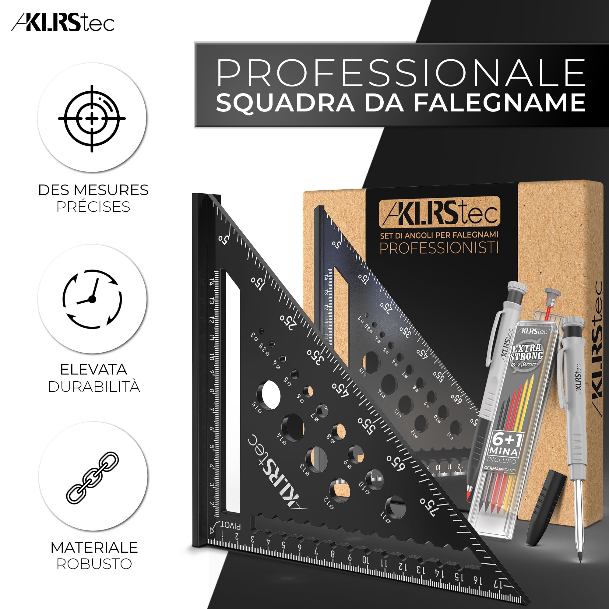 Squadra da falegname professionale Set utensili lavorazione legno 7 pezzi con matita e puntali