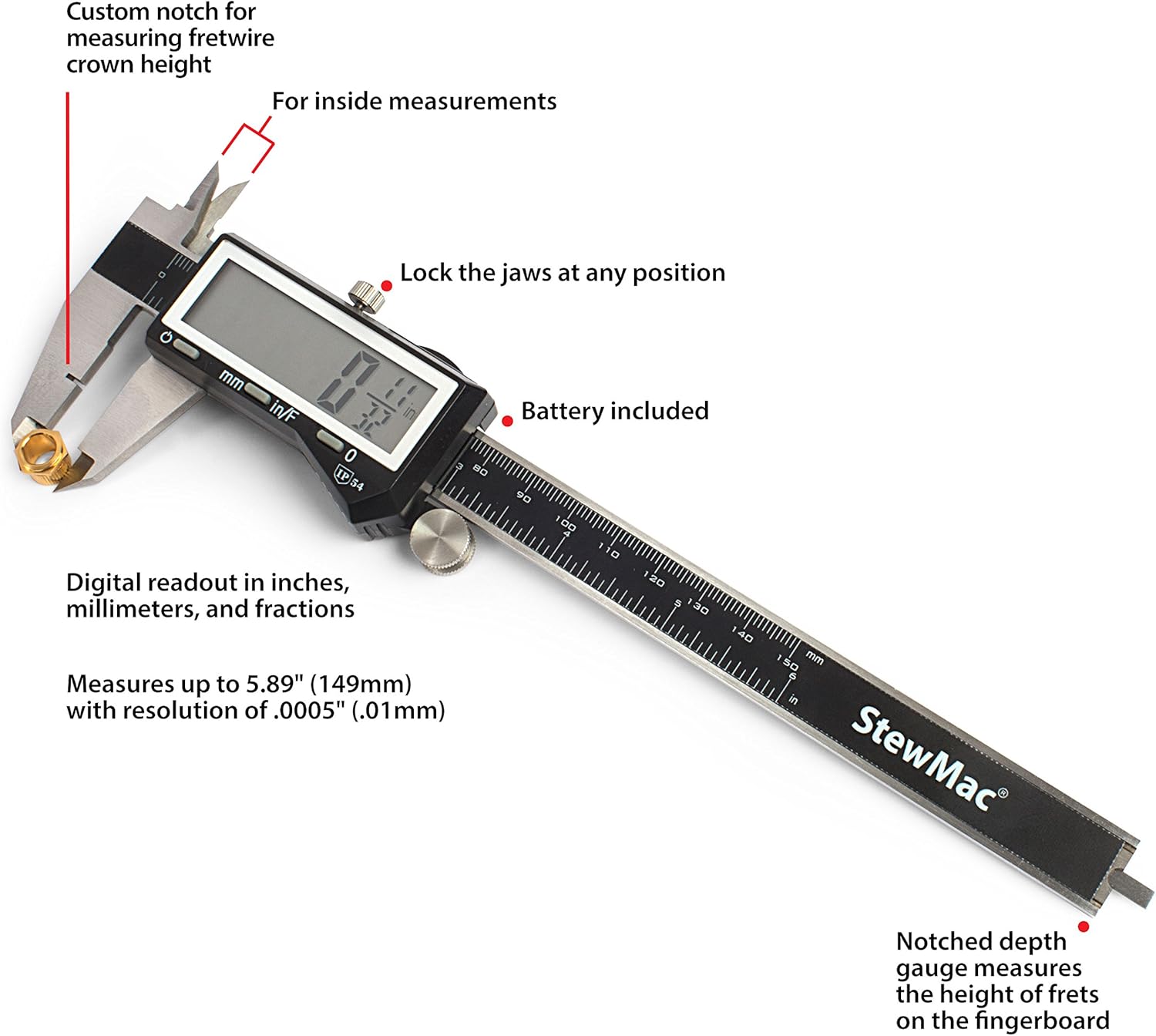 Buy 1 get 1 StewMac Luthier's Digital Caliper with Custom Jaw Notch for Measuring Fretwire Crown Height Amazing 🔥 StewMac Luthier's Digital Caliper with Custom Jaw Notch for Measuring Fretwire Crown Height