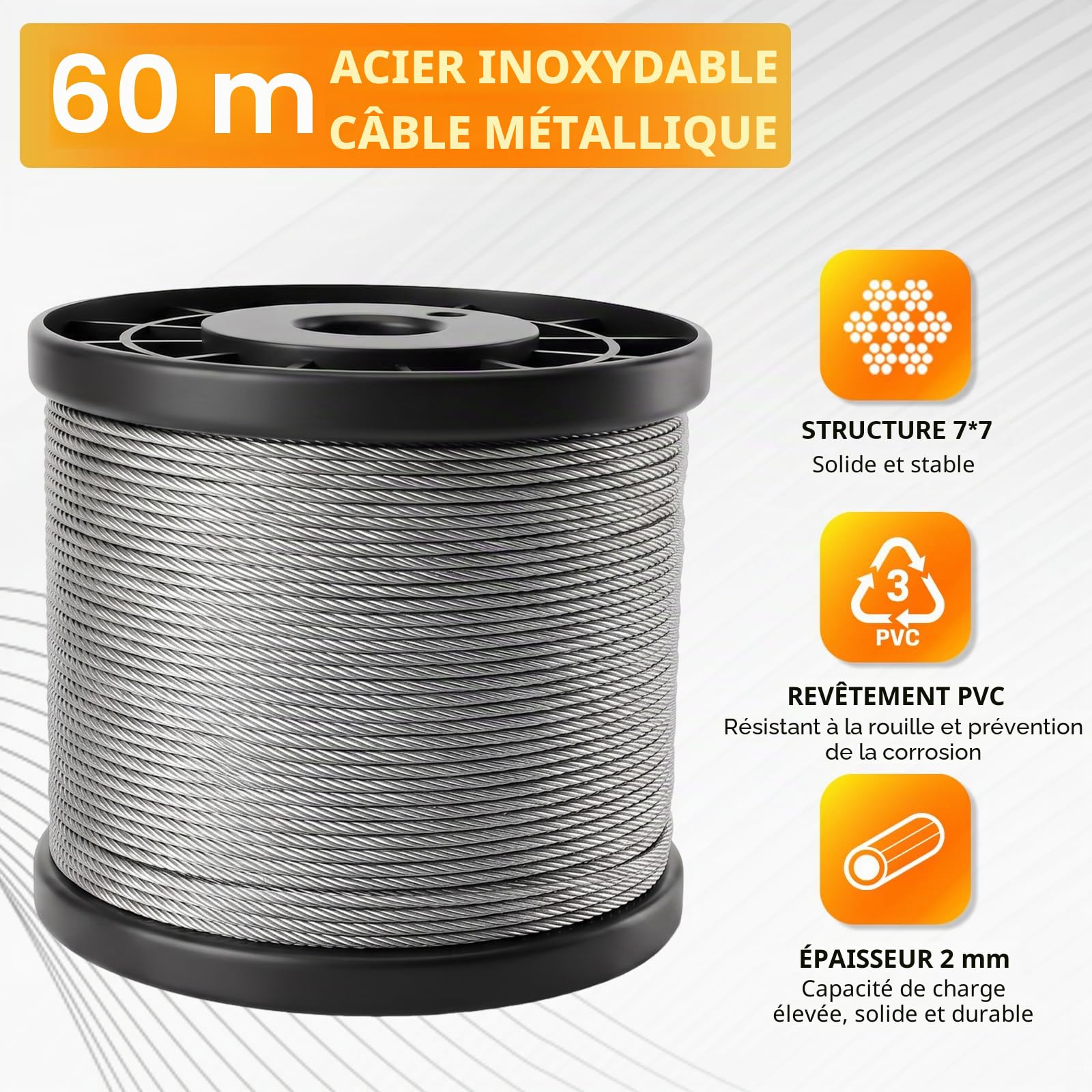 60M 2MM Corde en Acier Inoxydable à Suspendre Kit, Câble en Acier Inoxydable Revêtu pour Plantes Grimpante, Extérieur Suspension, Corde a linge, Lustre D'ExtéRieur