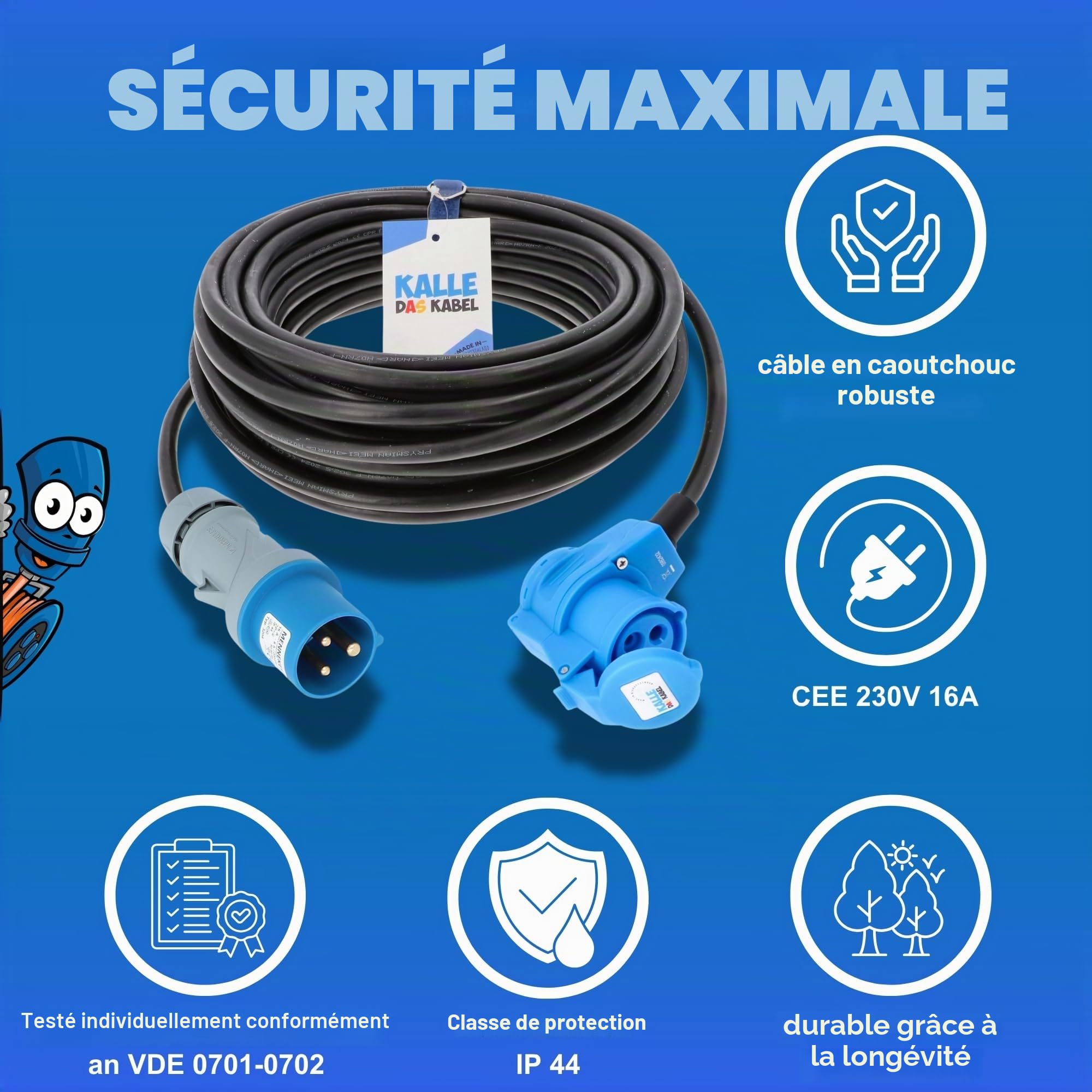 Fritz das Kabel Rallonge CEE en caoutchouc avec fiche coudée 230 V H07RN-F 3G 2,5 mm², 230.00 voltsV