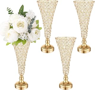 Mifoci 4 Pcs Gold Trumpet Vases for Centerpieces 16 Inch Crystal Flower Vase for Table Decor Wedding Party Favors Tall Floral Arrangement Stand Home Decoration