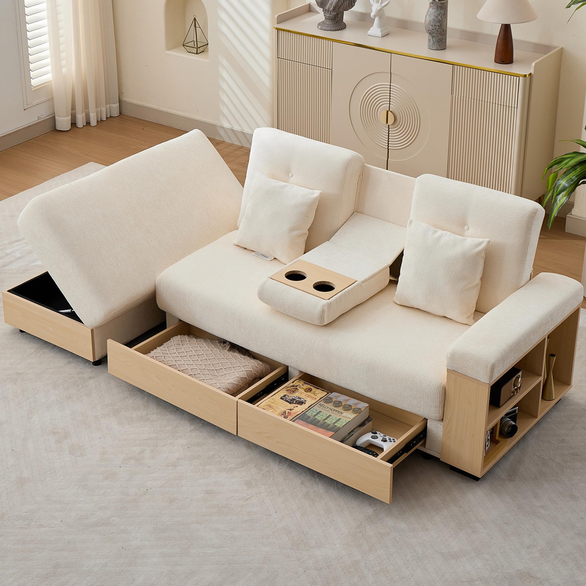 Canapé d'angle 217 cm avec Rangement, Dossier Réglable 3 Positions, Canapé Convertible en Chenille avec Tiroirs, Porte-Gobelets et Pouf de Rangement, Structure MDF pour Salon (Beige)