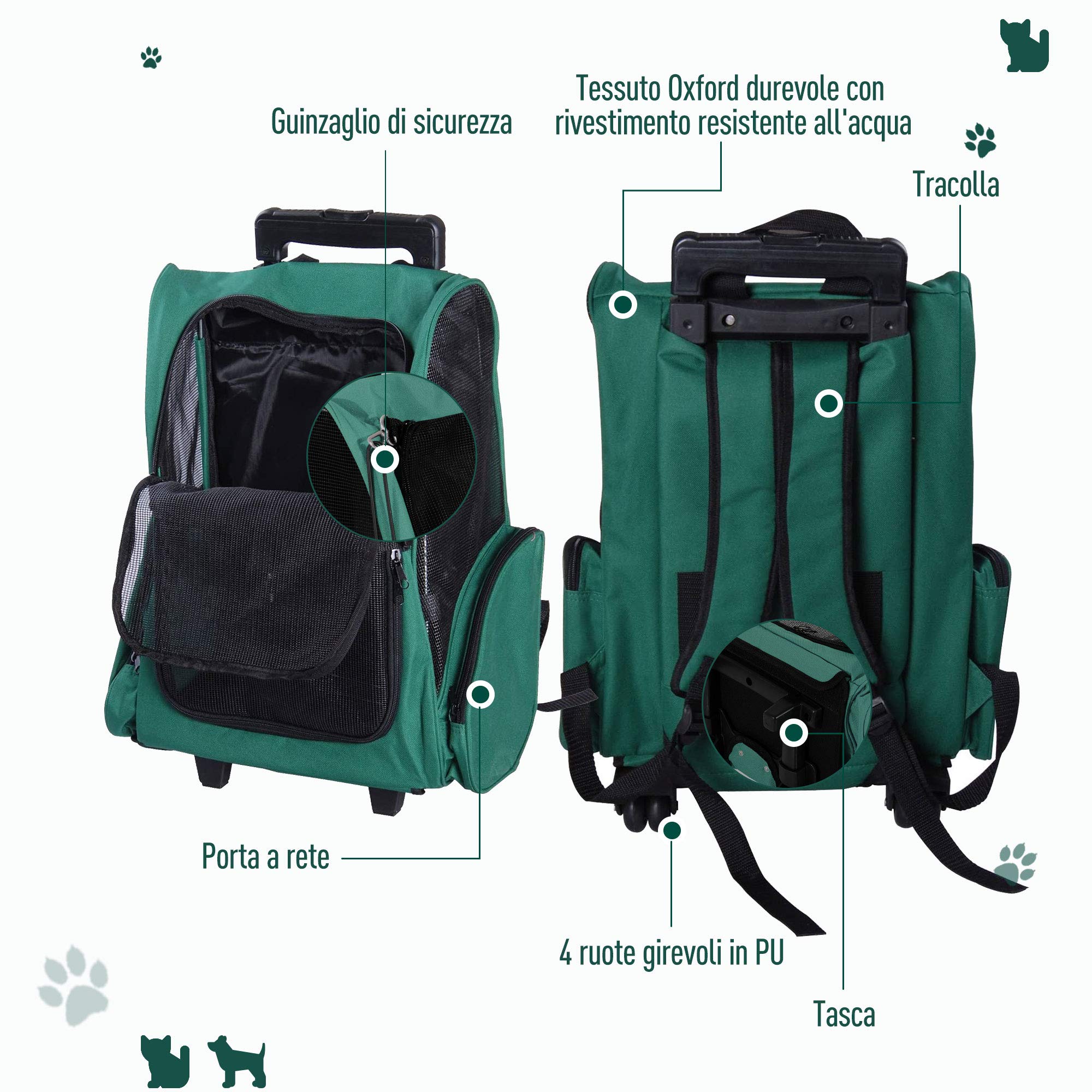 PawHut Trasportino Zaino 2 in 1 per Cani e Gatti 42x25x55cm Verde con Tasche Laterali e Ruote