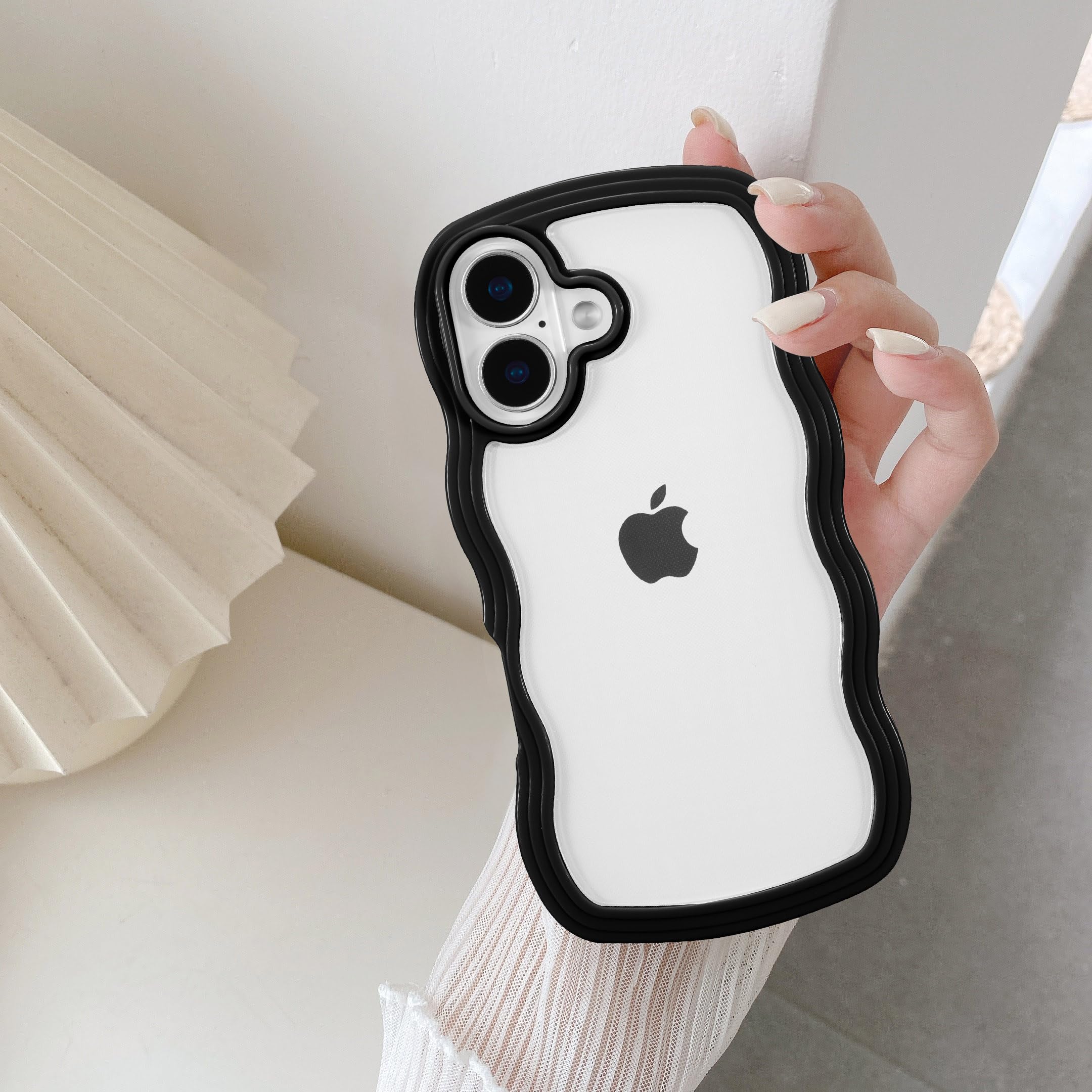 QLTYPRI Compatible with iPhone 16 Plus Case, Cute Curly Wave Frame Clear Case for Girls Women, Transparent Soft Silicone TPU Bumper Shockproof