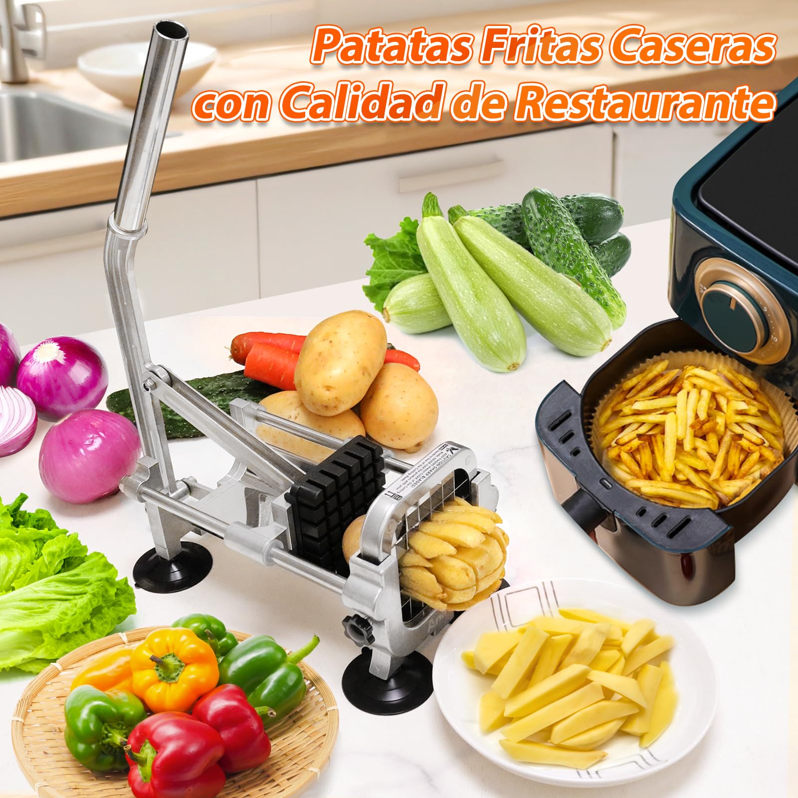 Anatole Cortador de Patatas Fritas Profesional Manual con 13mm Cuchilla | Cuchilla de Acero Inox, Picadora de Papas Finas, 4 Ventosas, Compacto, para Zanahoria Pepino Cebolla, para Cocina de Casa