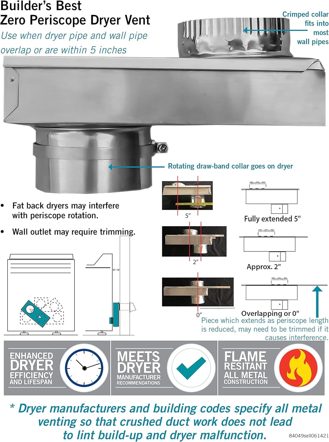 Builder's Best 84049 SAF-T-Duct Zero Dryer Vent Periscope, Adjustable 0-5" Length, 4" Diameter x 8', Aluminum : Everything Else