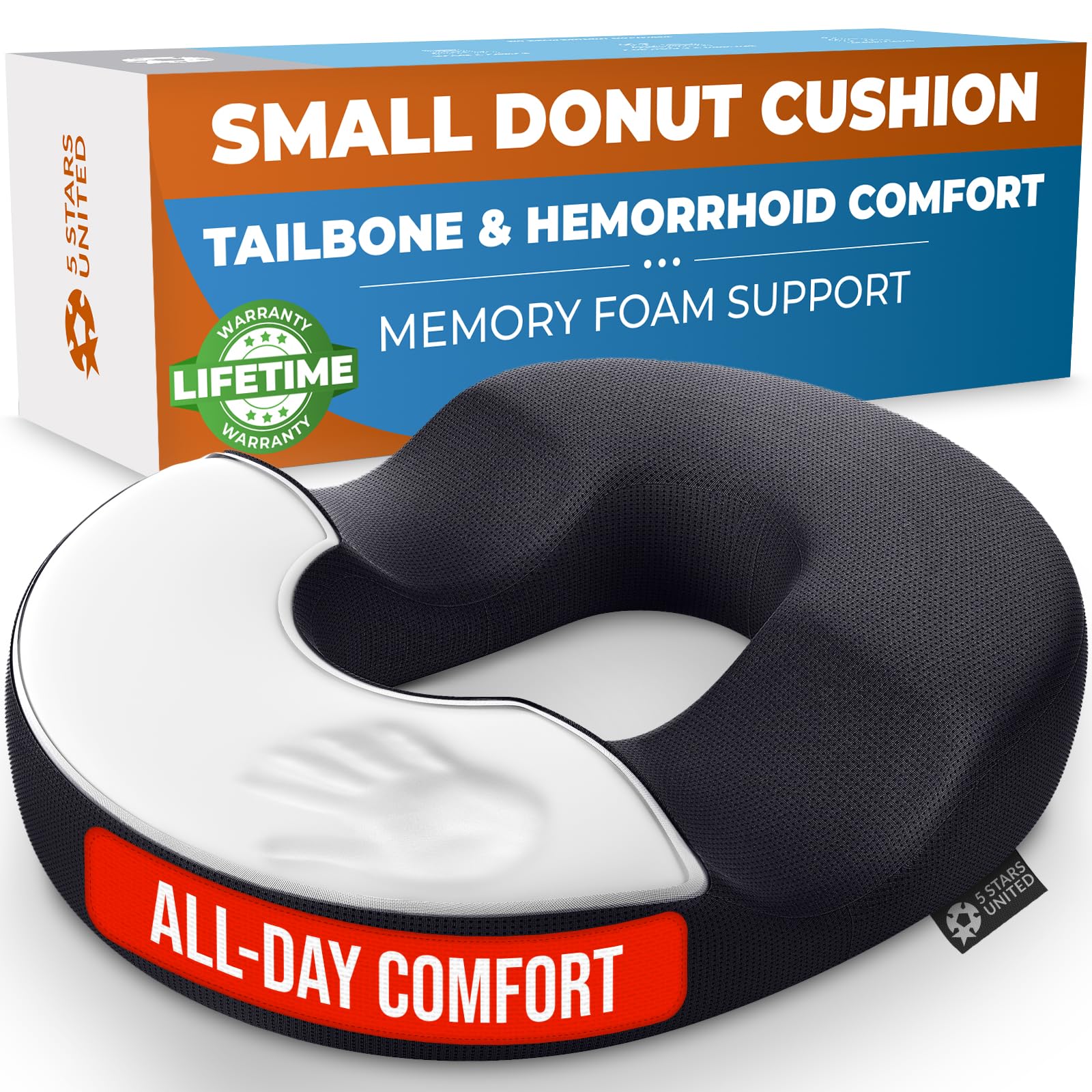 5 STARS UNITED Donut Pillow – Hemorrhoid & Tailbone Cushion for Pain Relief, Coccyx, Prostate, Sciatica, Pelvic Floor, Pregnancy & Postpartum, Black