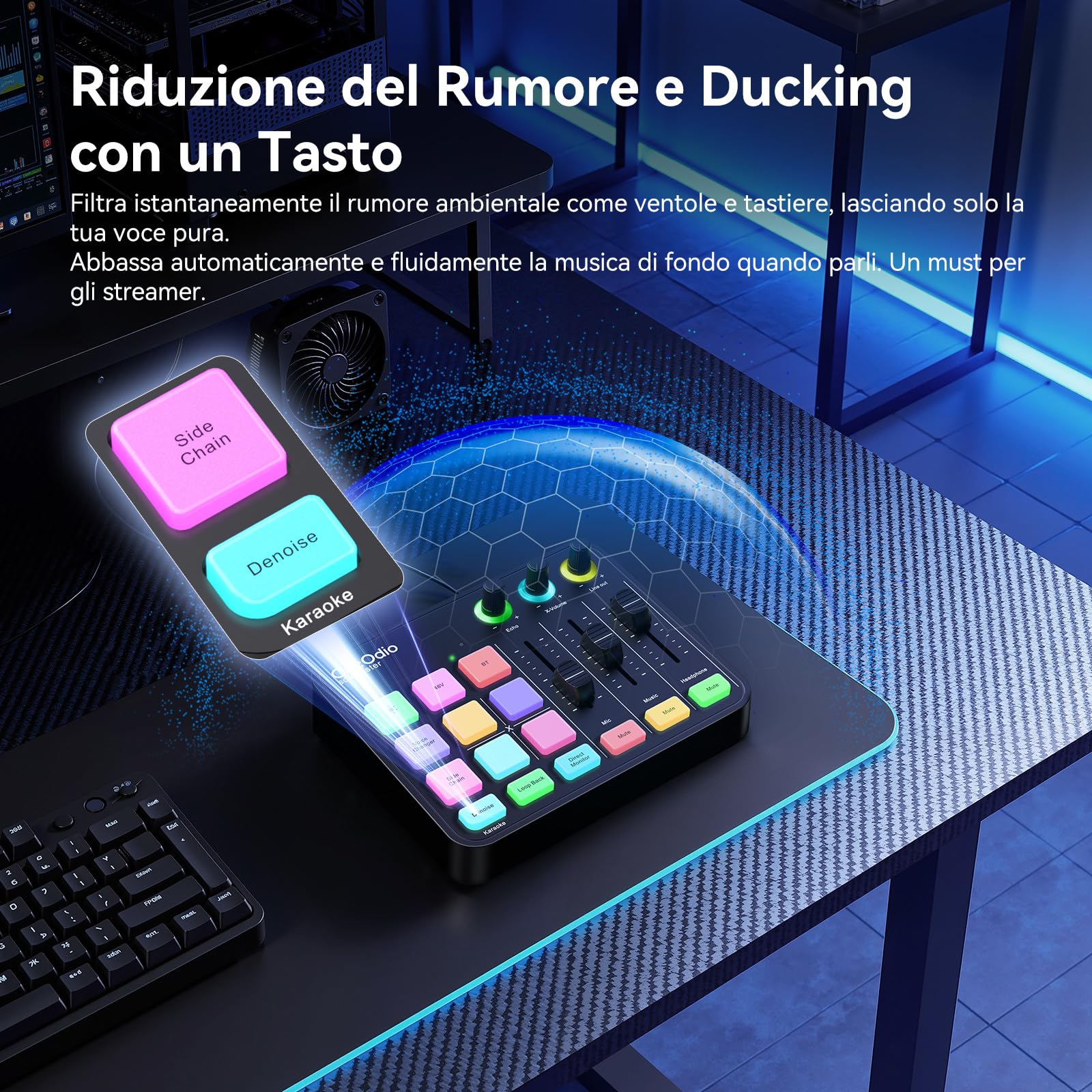 OneOdio Solocaster Gaming Audio Mixer - Interfaccia a 5 Canali con Alimentazione Phantom 48V, Bluetooth, Illuminazione RGB, 3.5mm/XLR/USB C, per Streaming/Podcast/Karaoke su PC, Mac, Mobile
