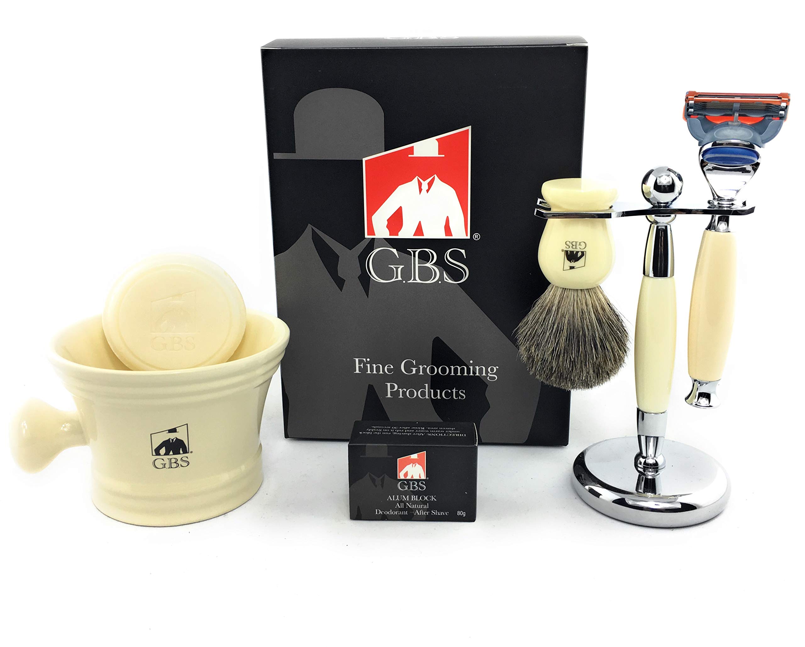 Men's Shaving Set Includes Five Blade Razor, Synthetic Brush & Razor Dual Stand, Ivory Shaving Mug with 97% All Natural G.B.S Shaving Soap & an Alum Block