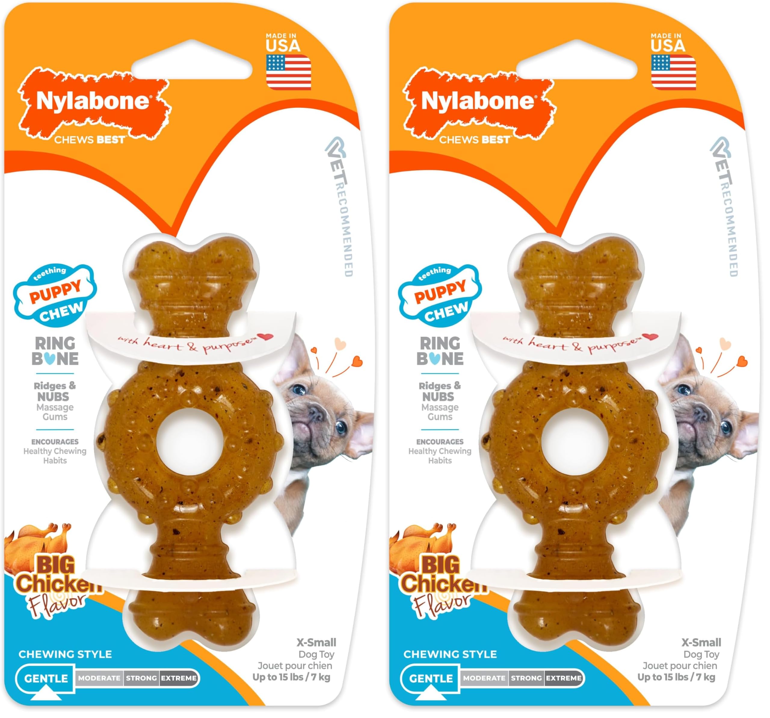 Nylabone Ring Bone Chew Toy for Puppies, Puppy Teething Toys, Puppy Enrichment Toys, Chicken Flavor, X-Small Dogs - Up to 15 lbs, 1 Count (Pack of 2)
