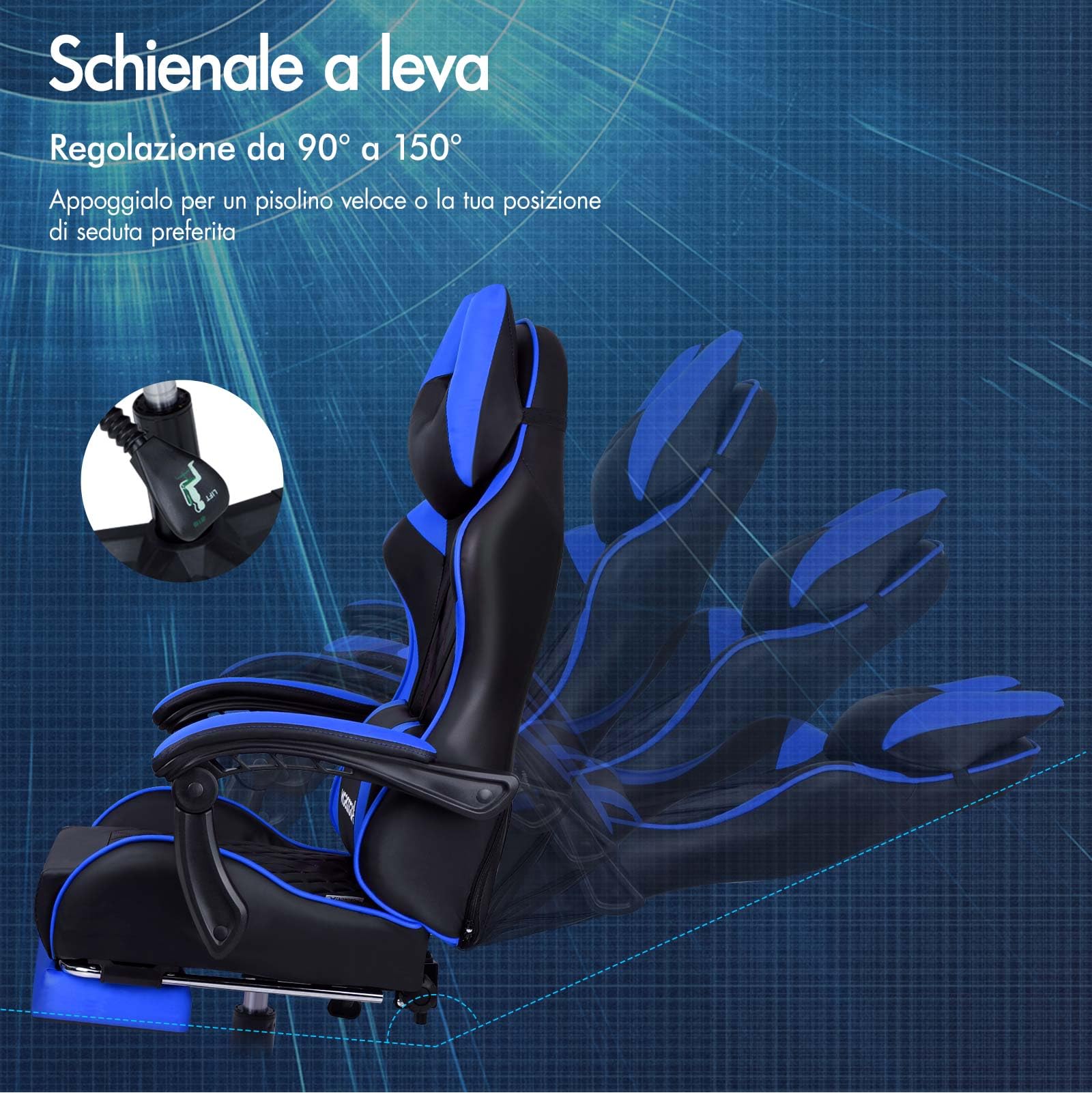 ALFORDSON Sedia Gaming Ergonomica Reclinabile con Poggiapiedi Blu | Poltrona Gamer in Similpelle Serie ETHAN, Schienale regolabile, con supporto lombare e poggiatesta, portata 180 kg