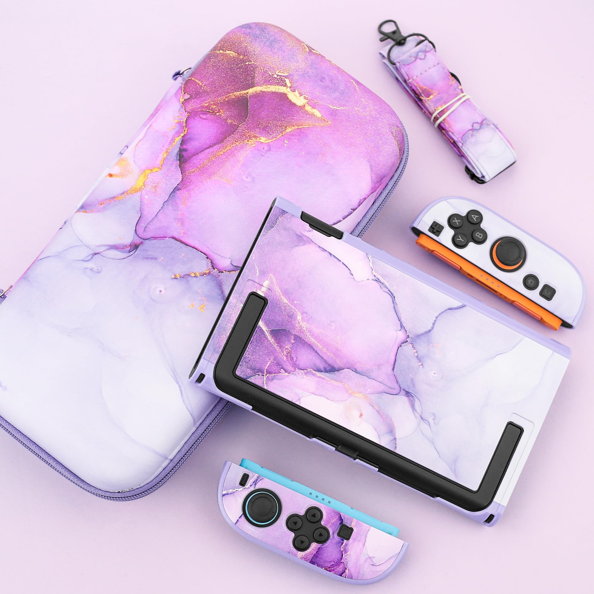 FANPL Custodia carina per Nintendo Switch 2, custodia da viaggio per Switch 2 con pelle rigida glitterata, cinturino regolabile, pellicola proteggi schermo, tappi per impugnatura per pollice (marmo