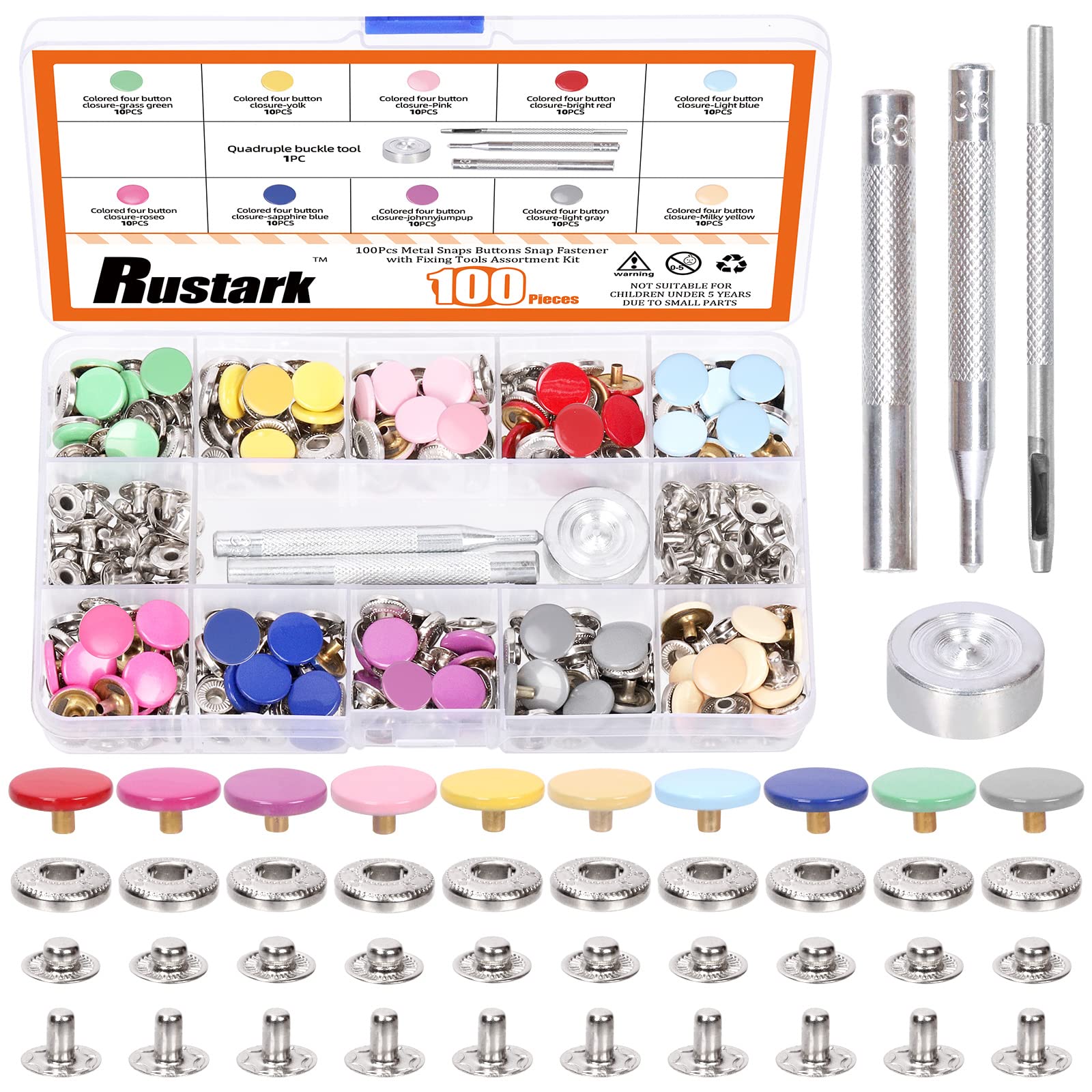 Rustark Lot De 100 Boutons-pression En Cuir De 15 Mm 5 Couleurs Avec Marteau, 8 Outils De Réglage, Boutons Pression En Métal Pour Vêtements, Vestes, Jeans, Loisirs Créatifs