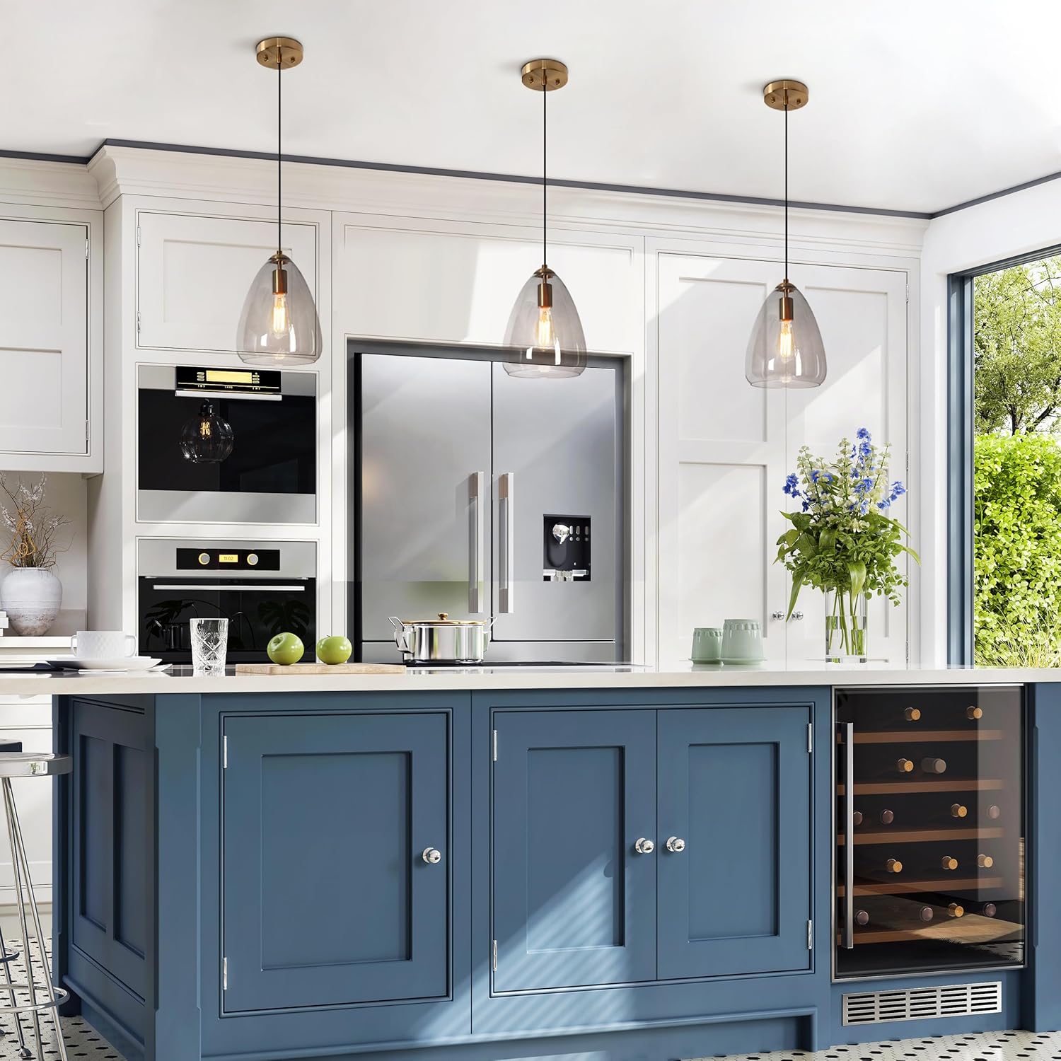 KSANA Gold Pendant Lights Kitchen Island, Modern Brass Pendant Lighting Fixture with Smoked Glass for Dining Room, Bedroom, Foyer and Bathroom