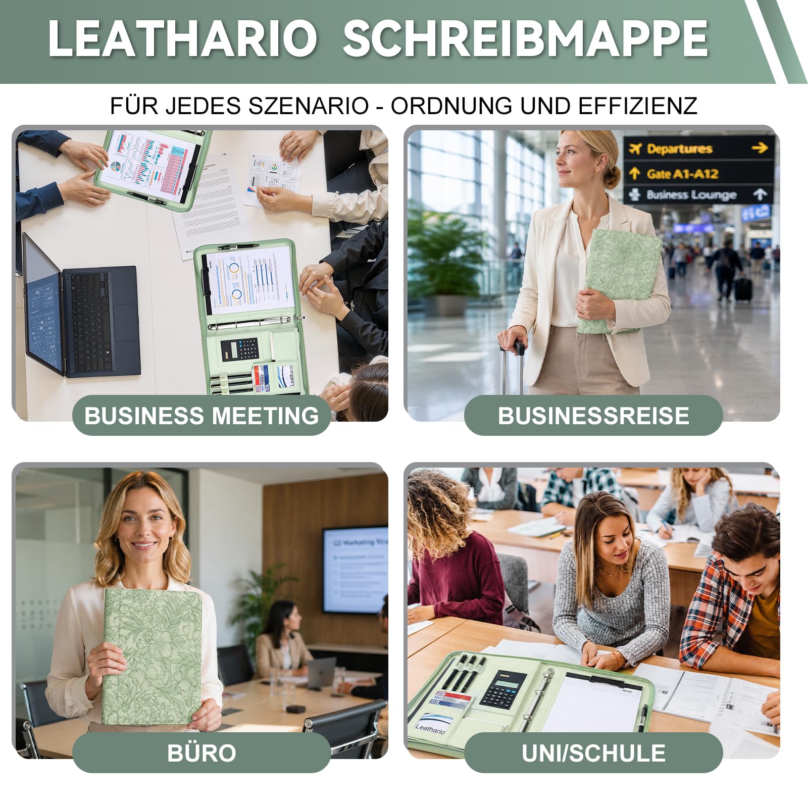 Leathario Konferenzmappe a4 mit Reißverschluss,Schreibmappe a4 mit 10 Dokumentenhüllen,Business Arbeitsmappe mit 4 Ringbuch，Veganes Leder Mappe für Meetings,Behördengänge,Studium,Bewerbungsgespräche