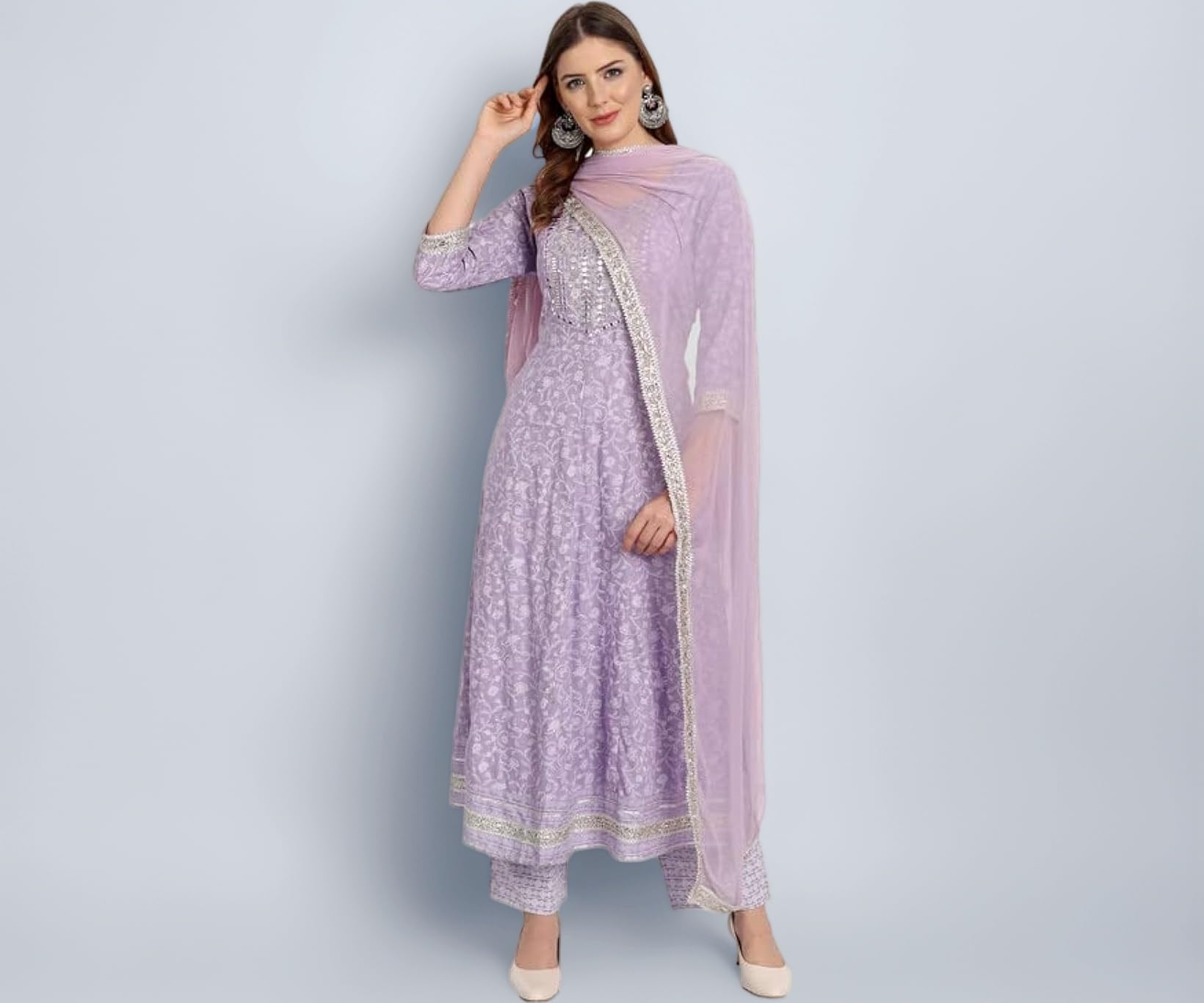 Rangnavi Women Rayon Anarkali Embroidered Printed Kurta Pant and Dupatta Set