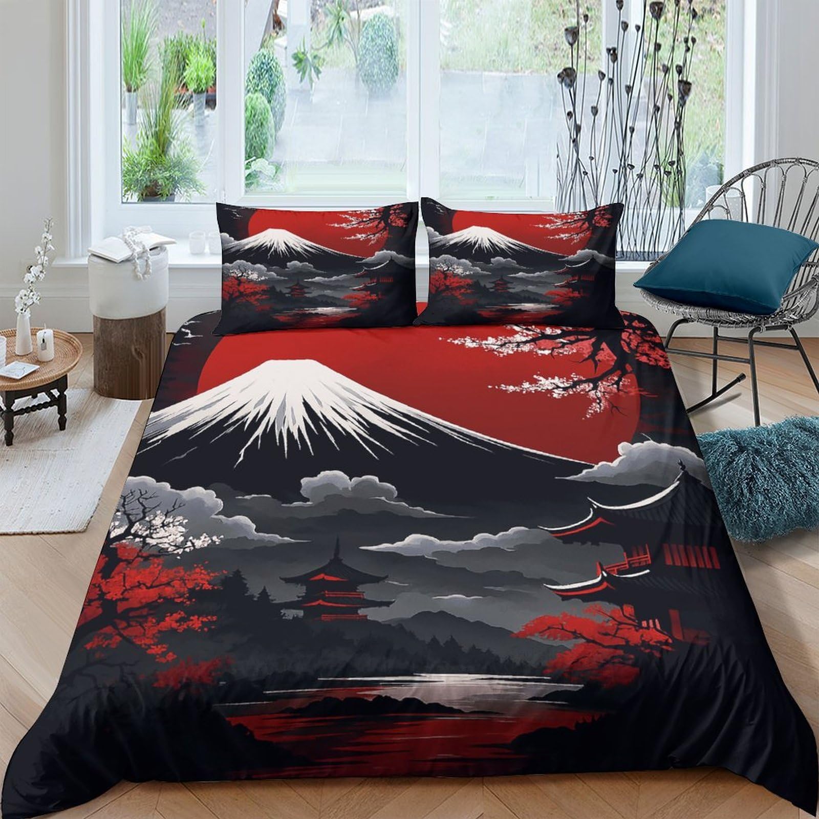 GPLZQXKJNH 3D Printed Mount Fuji Red Sunset Duvet Cover Microfiber Soft Quilt Cover Japanese Style Bedding Set with 2 Pillowcases for Bedroom Decor Single（135x200cm）