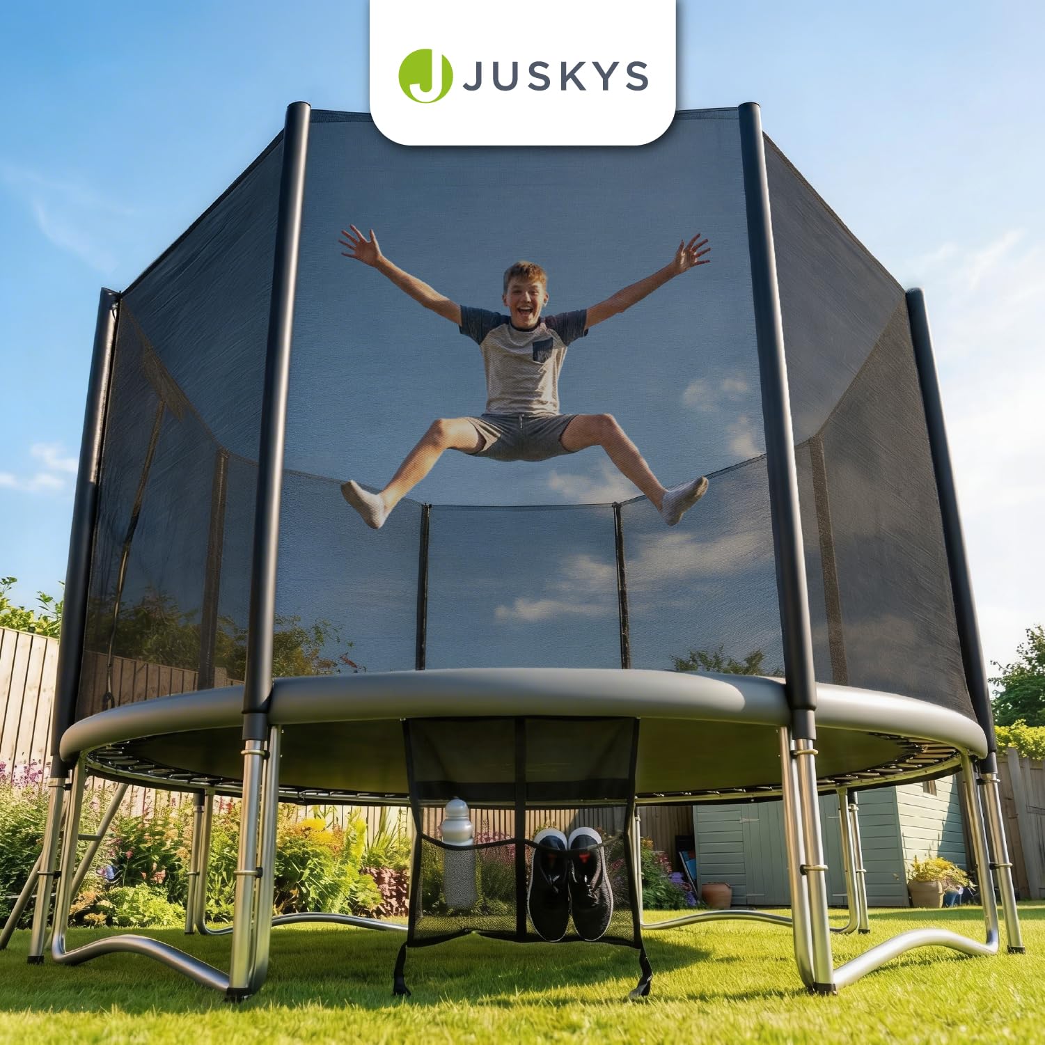 Juskys Trampolino JumpMaster – Ø 183/244/305/366 cm trampolino da giardino esterno con rete di sicurezza, scaletta PowerSpring Molla