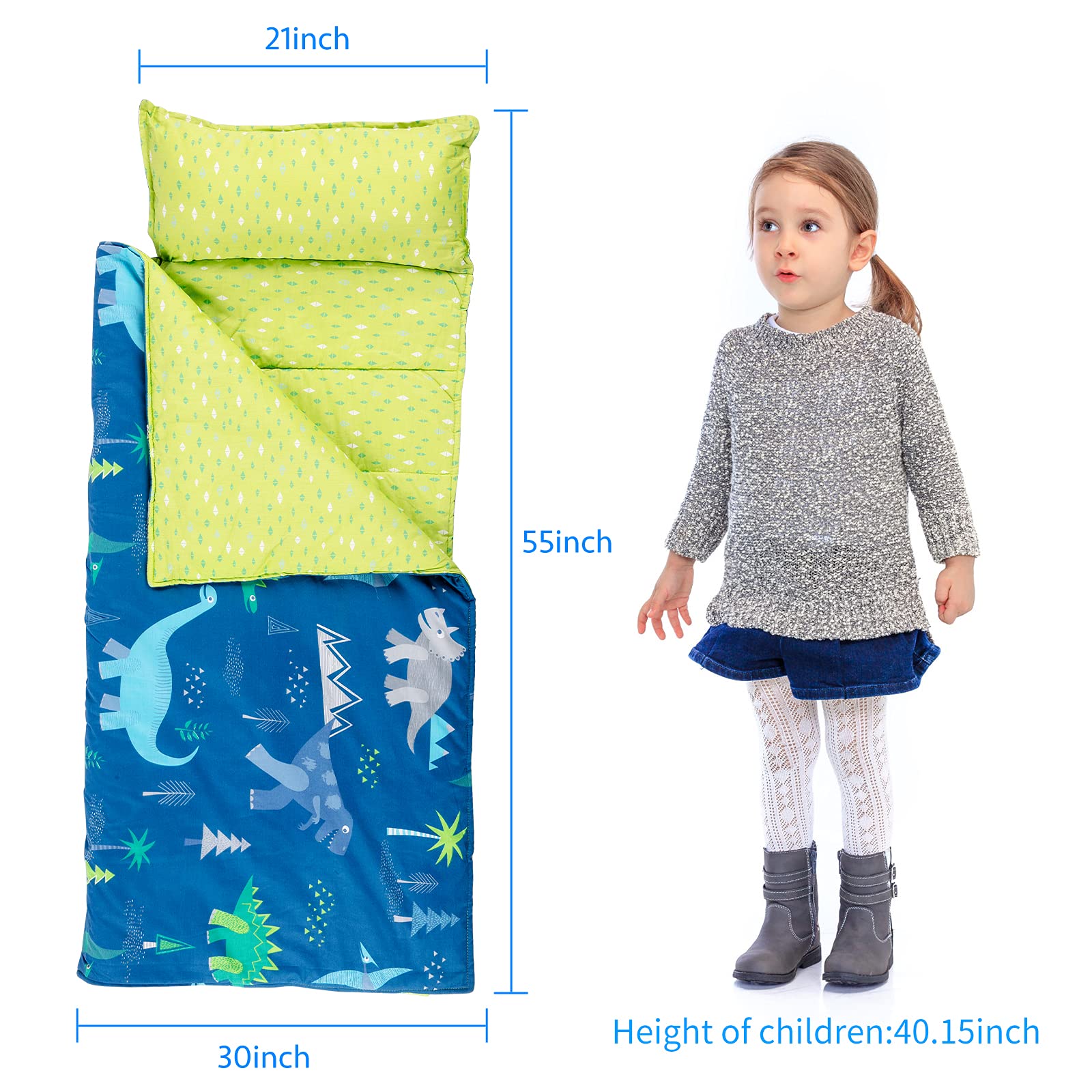 NEDVI Toddler Nap Mat with Carry Bag,Sleeping Bag with Removable Pillow,Measure 55x 21 x 1.5 Inches,Toddler Travel Bed,Lightweight - Cotton Soft,for Preschool, Daycare,Camping- Dinosaur