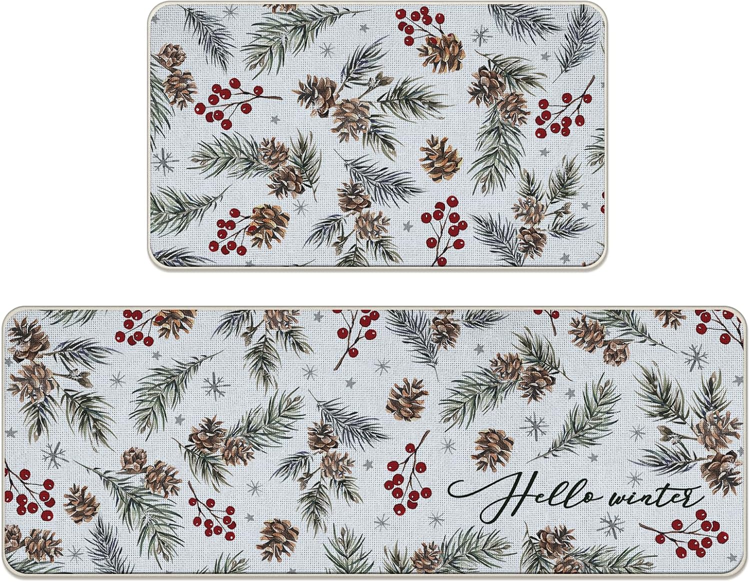 Hello Winter Pine Branches Kitchen Rugs Set of 2, Pine Cones Red Berries Floor Mats Home Decor, Farmhouse Christmas Snowflake Door Mat Decorations - 17x29 and 17x47 Inches