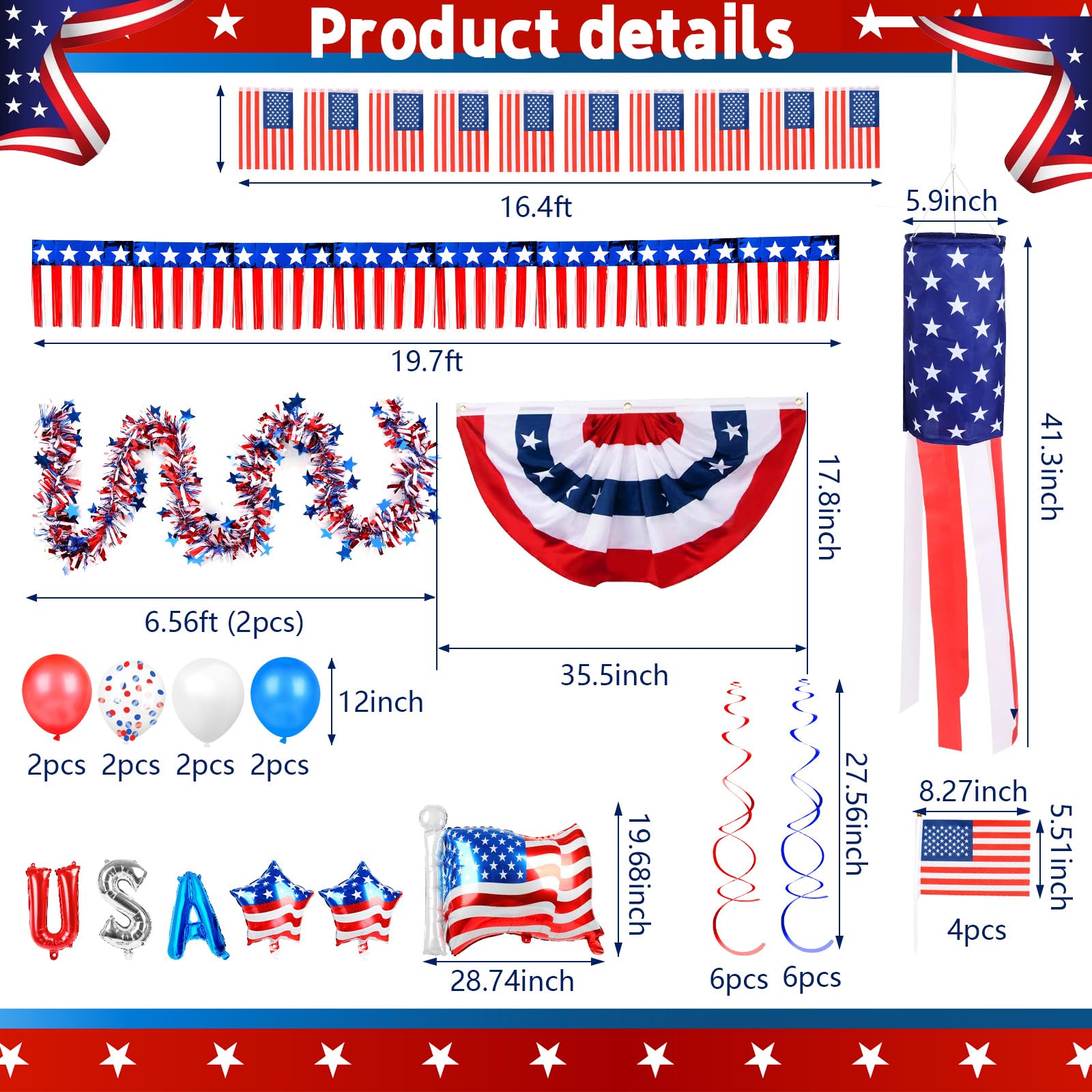 Tryly 4th of July Golf Cart Decorations Kit, Patriotic Parade Golf Cart Decor - Foil Fringe Garland, Pleated Fan Flag, Flag Windsock,Tinsel Garland, Flags Balloons for Independence Day Memorial Day
