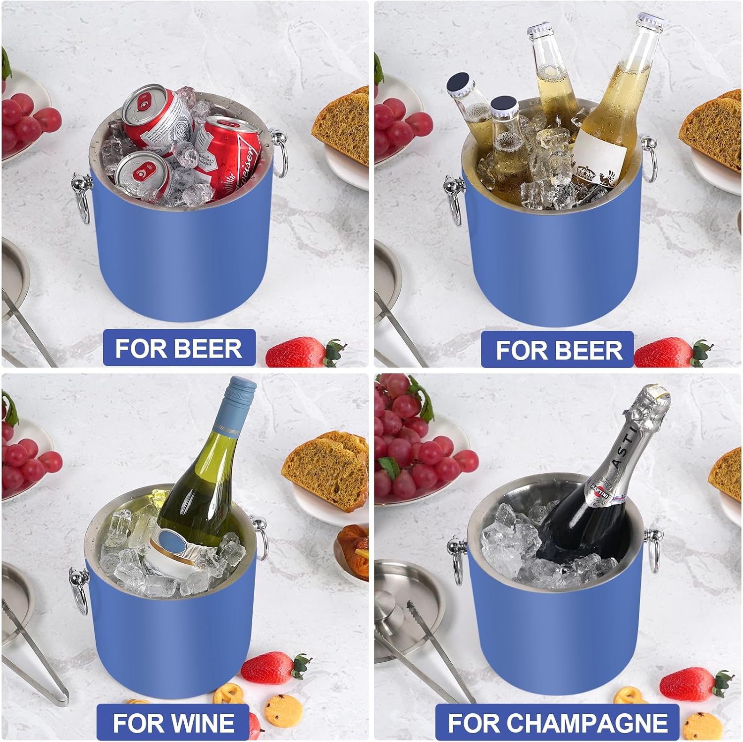 Ice Bucket with Lid & Tong- Well Made Insulated Stainless Steel Keep Ice Frozen Longer - Ideal for Cocktail Bar, Parties, Chilling Wine, Champagne - 3 Liter (Blue) image 2