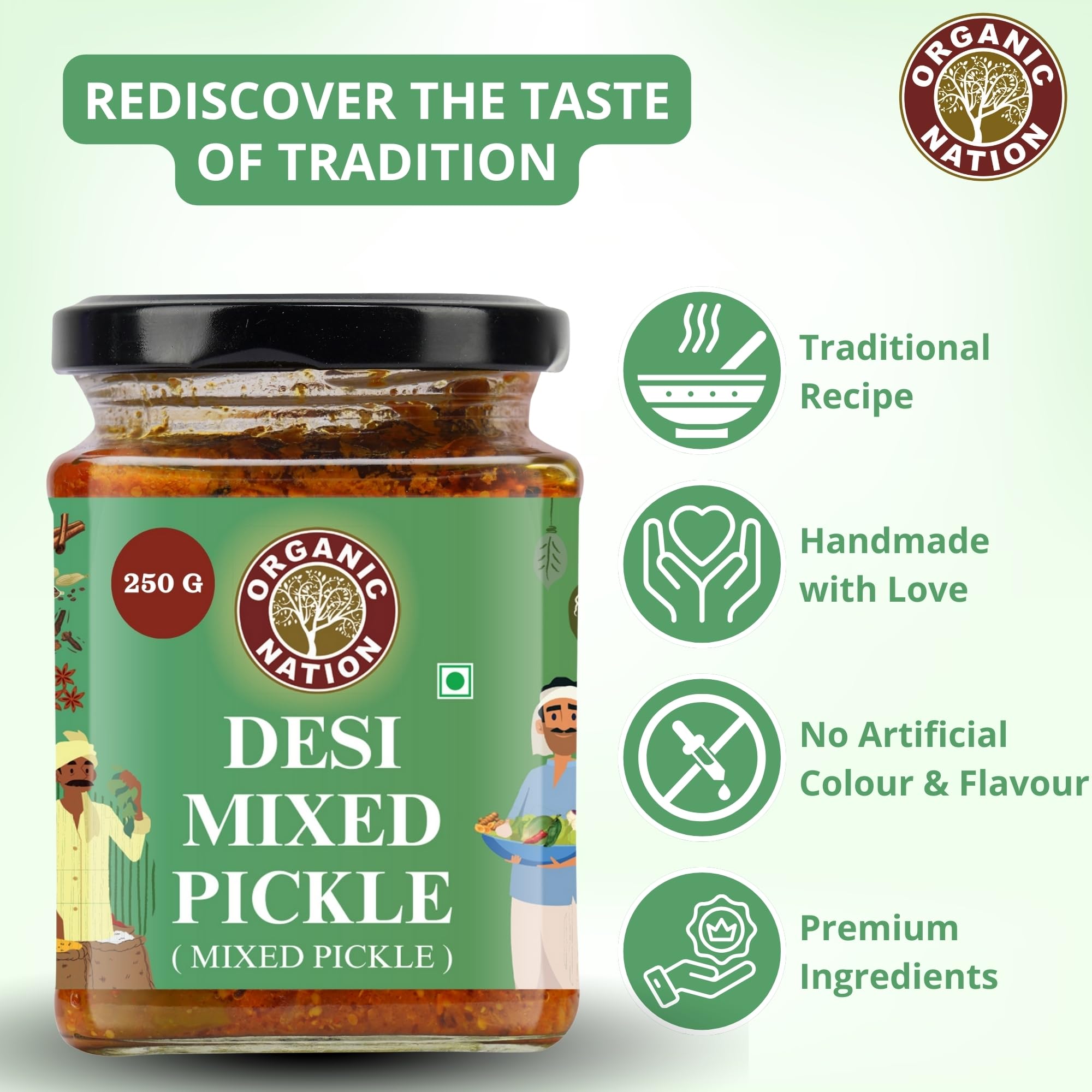 ORGANIC NATION Deliciously Tangy Mixed Pickle | Pickles with Fresh Ingredients | Authentic Mixed Vegetable Pickle | Traditional Indian Achaar| No Preservatives | 250g Jar | Vibrant Green 2