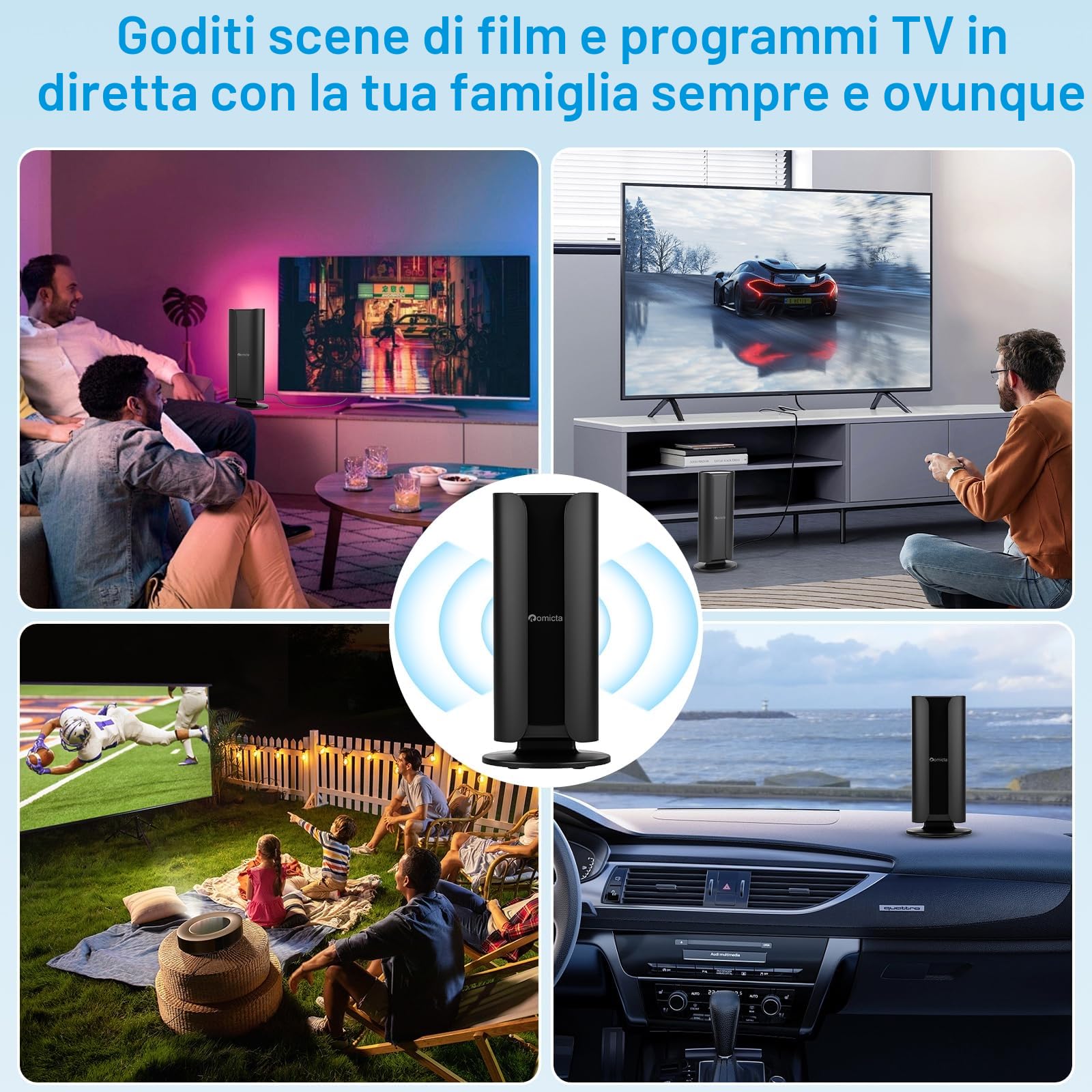 Romicta Antenna TV DVB-T2 da Interno con Amplificatore, 360° Ricezione Omnidirezionale, Supporto DVB-T/DVB-T2/DAB/DAB+, Cavo Coassiale 5m, Per Tutti i Televisori