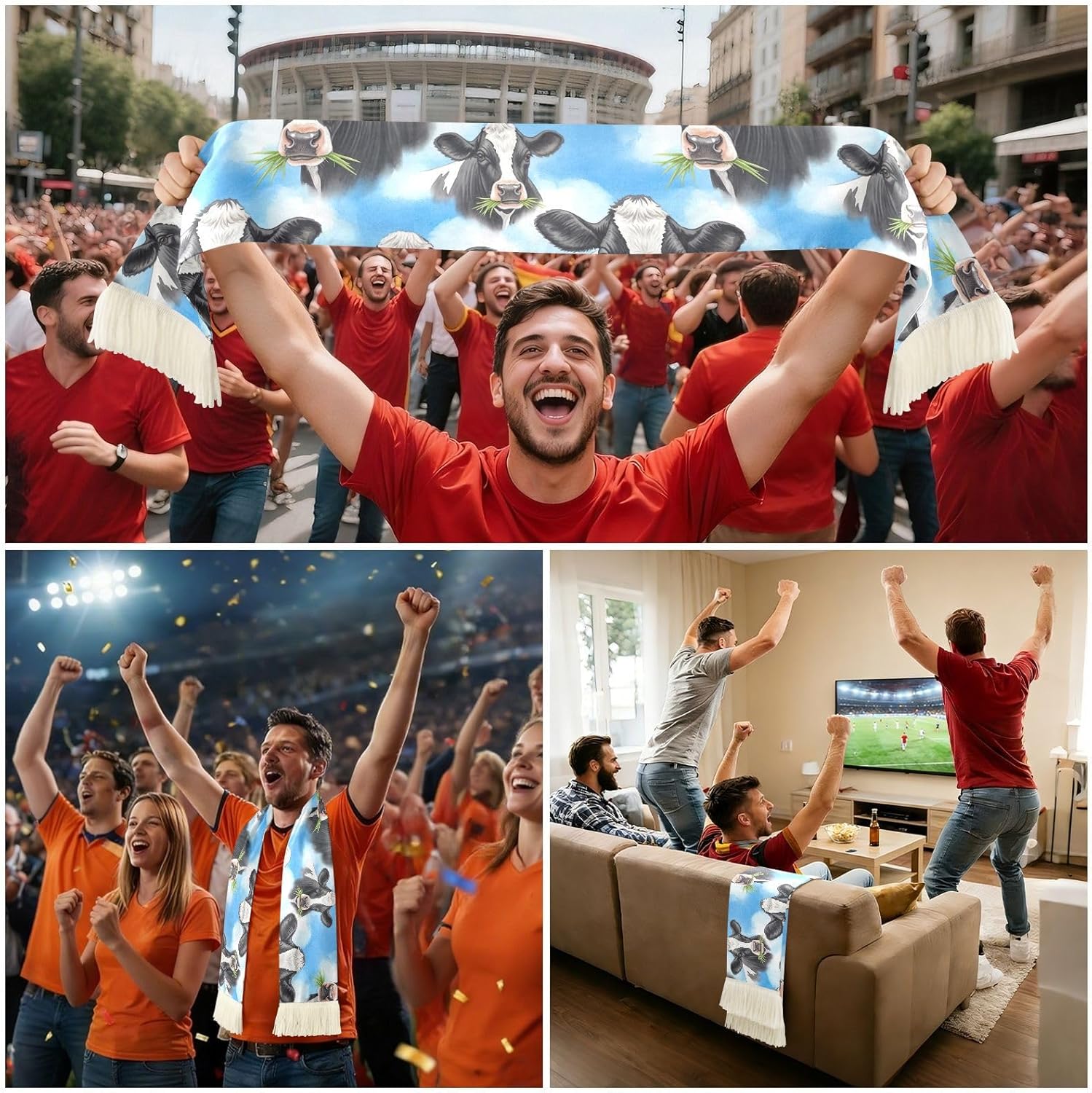 CHIFIGNO Black White Cow Blue Sports Fan Scarf with Fringe Ends, Soft Polyester Cheering Towel for Soccer Football Games, Quick Dry Sweat Absorbent Rally Scarf