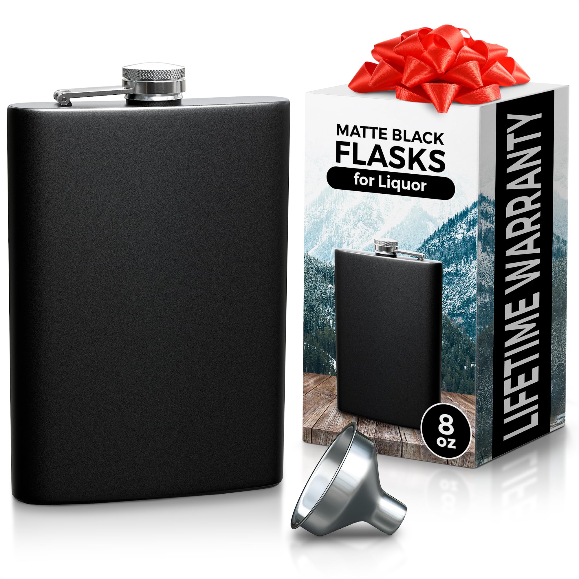 Matte Black Stainless Steel Hip Flask Set - 8 Oz, Leakproof With Funnel (Set Of 8)