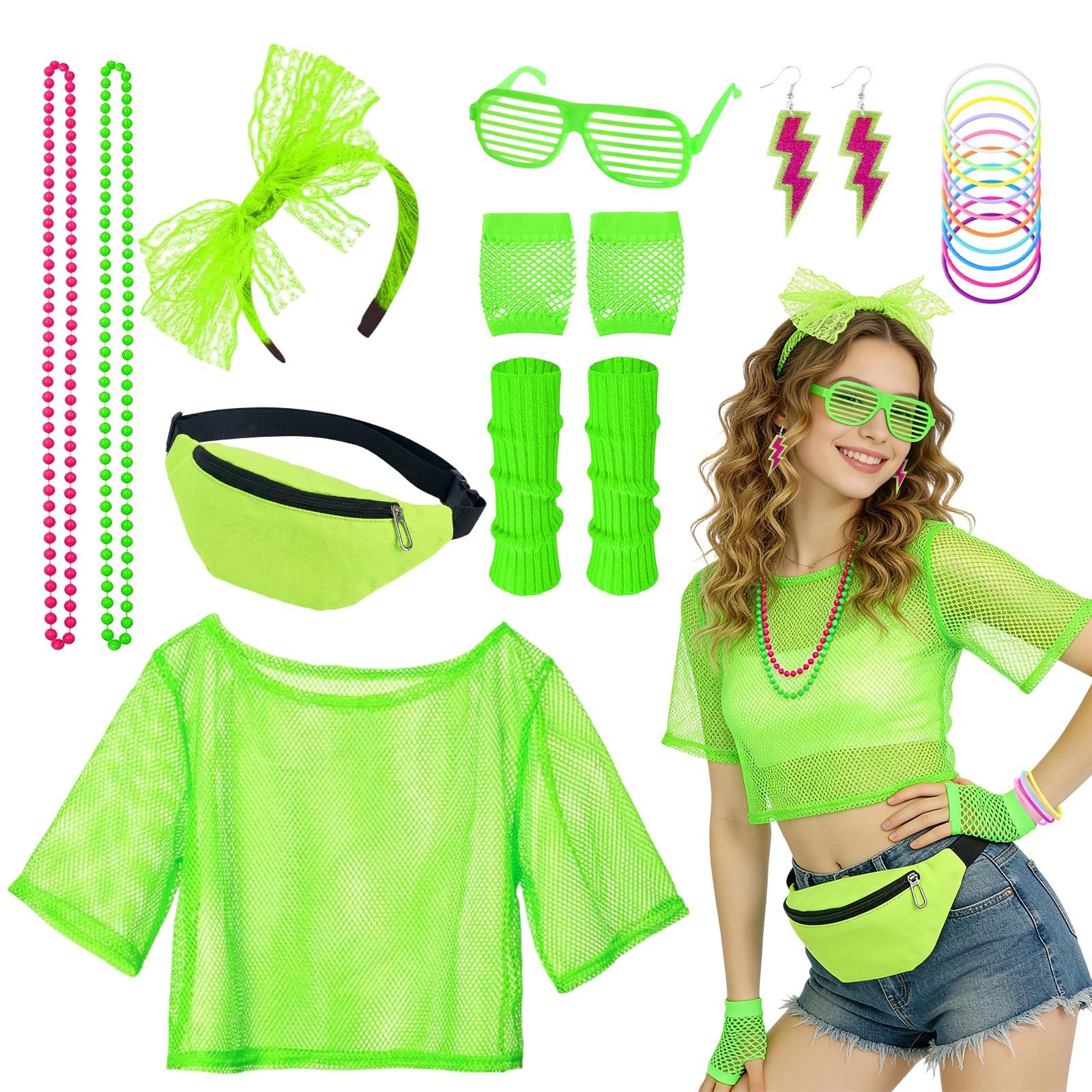 80s Fancy Party Costume Accessories Set, 1980s Neon Outfits with Green fishnet T-shirt Headband Fishnet Sleeves Leg Warmers Glasses Earrings Waist bag Bracelet Necklace for Cosplay Retro Theme Party โ image 1