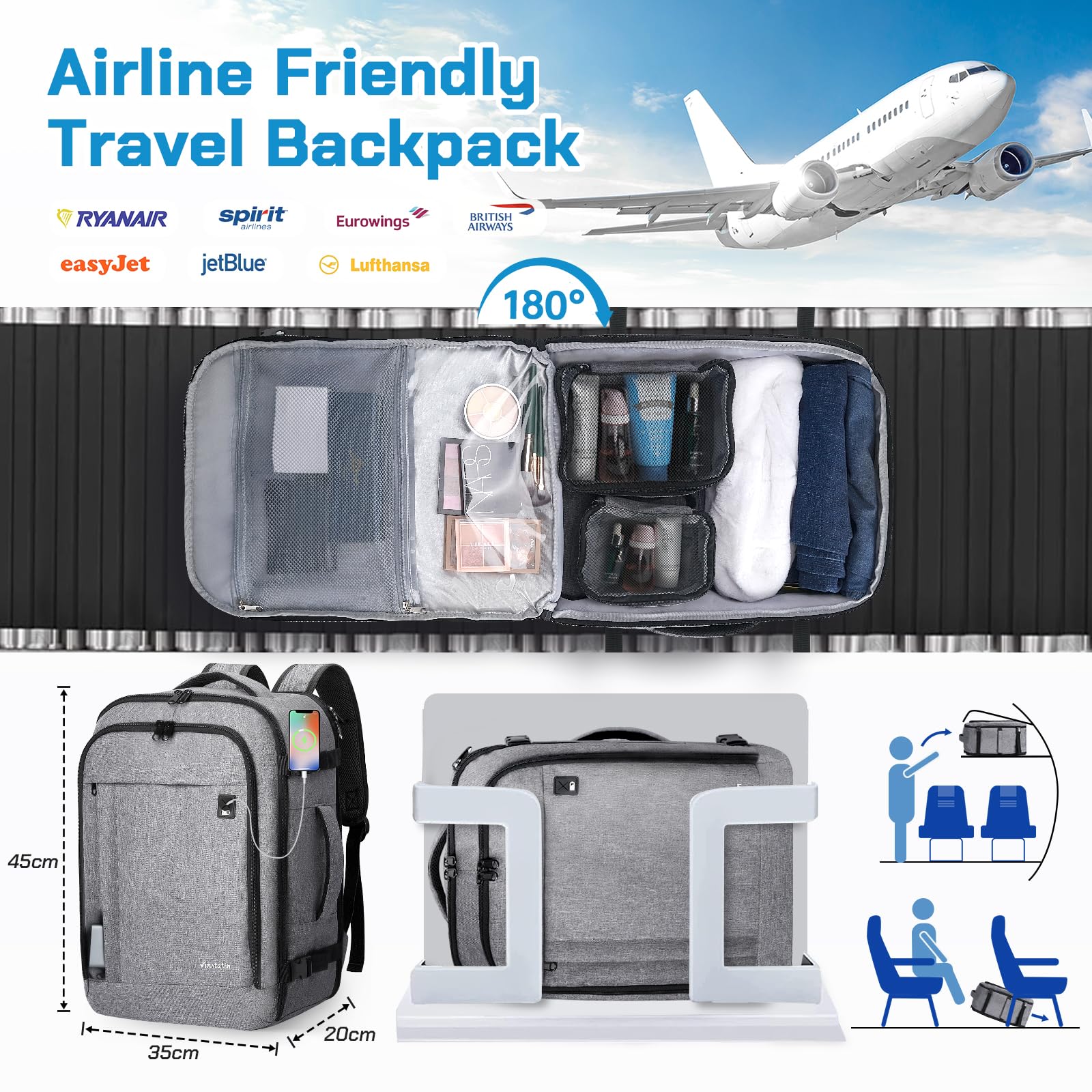 Vinstatin Zaino Ryanair 45x20x35 (40L) Zaino da Viaggio per Donne e Uomini,17.3 Zoll Zaino Aereo con 4 Sacchetti Organizzatori,Bagaglio a mano Borsa Viaggio Cabina Zaino Travel Viaggio Casual