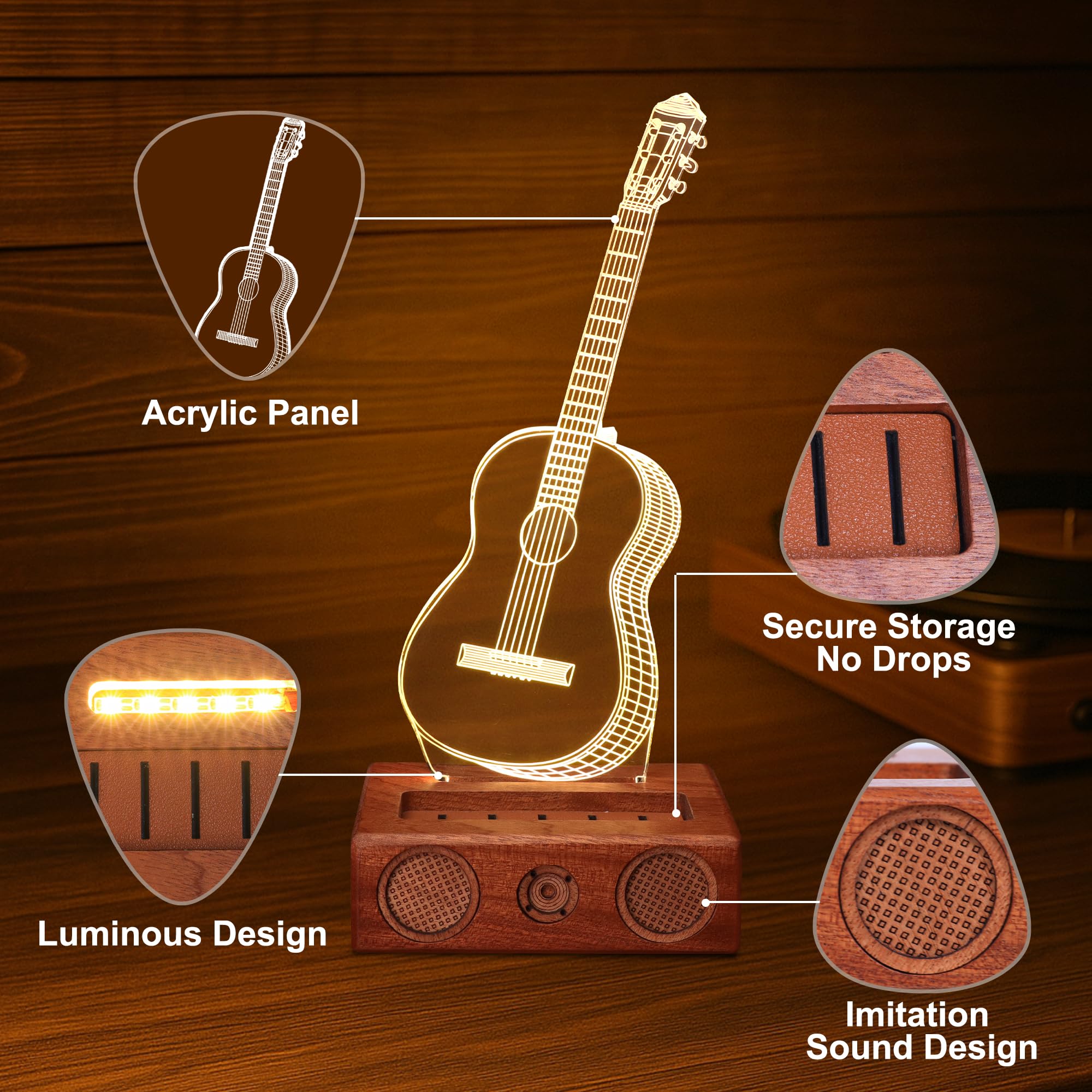 CoolGift Mart Leuchtender Gitarren-Pick-Halter, Acryl Akustikgitarre Pick Holder mit Vintage Audio Modellierung hölzerne Basis für Picks Lagerung und Anzeige, Geschenk für Gitarristen Gitarristen