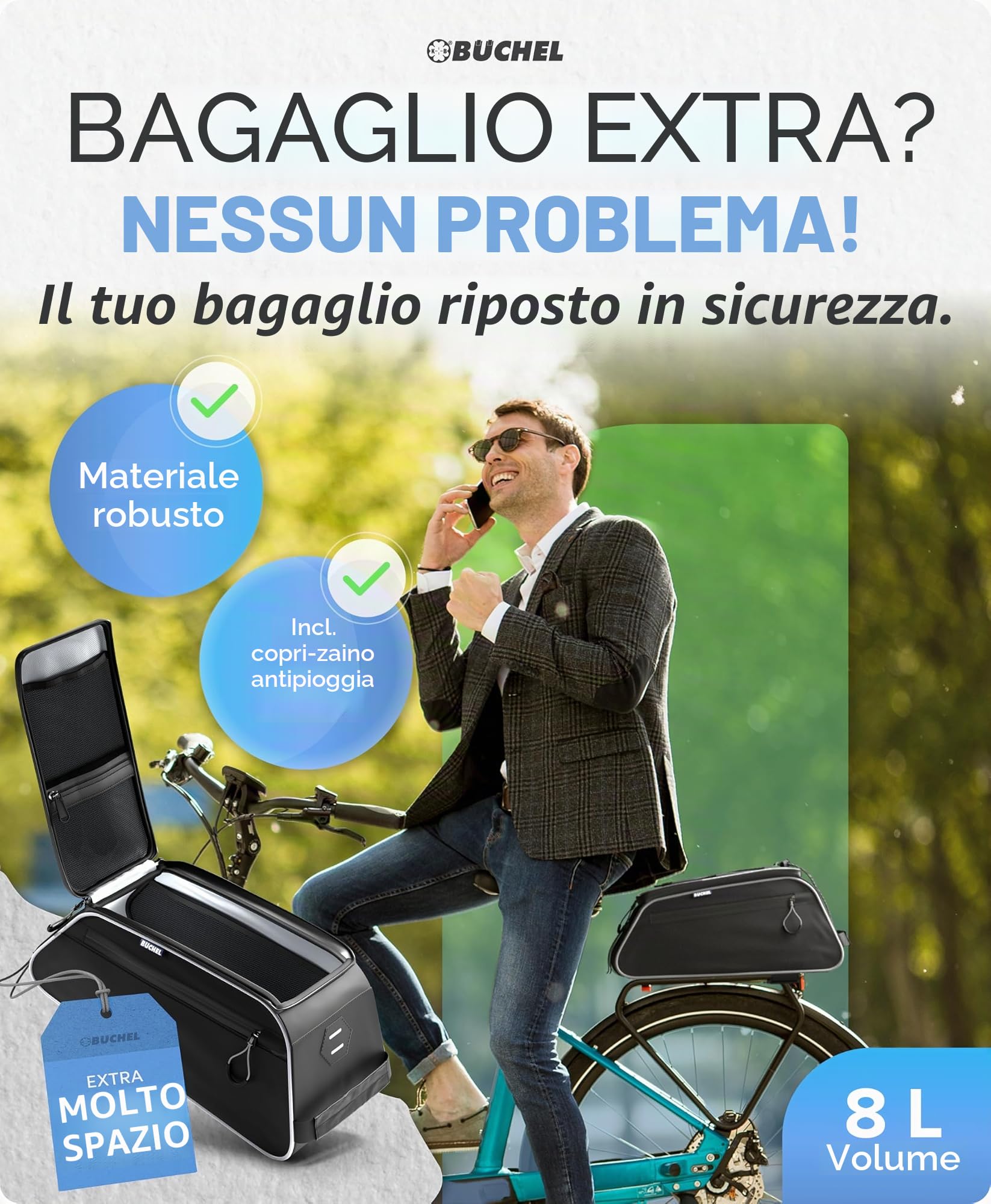 Büchel Borsa da bicicletta per portapacchi, impermeabile e riflettente, con copertura antipioggia, borsa per portapacchi compatta con vano portaoggetti per bici elettriche