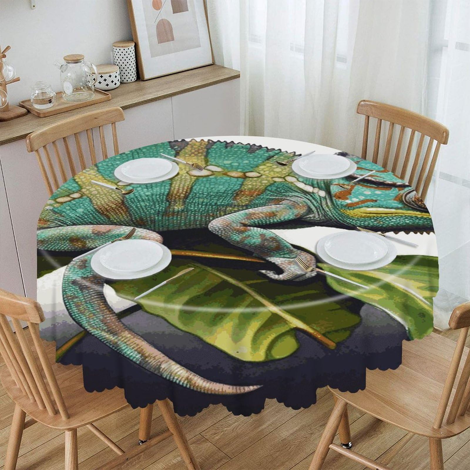 FekiLoot 60 Inch Round Chameleon Tablecloth Waterproof Heavy Duty Polyester Table Cloth Spill-Proof Wipeable Table Cover Decorative Circle Dining Tablecover for Party Outdoor