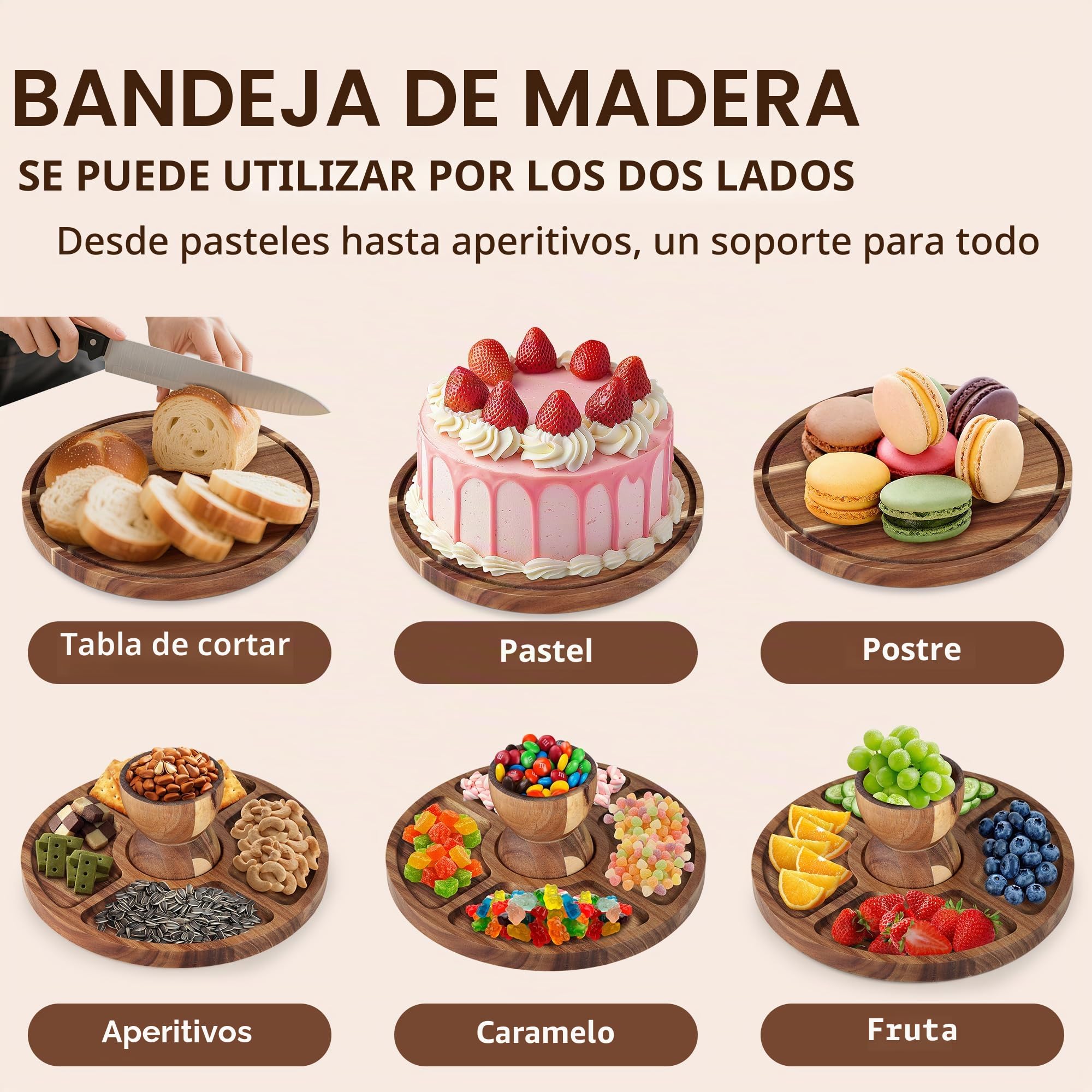 30cm soporte tarta de madera | bandeja doble cara para postres, frutas y snacks con base para tartas desmontable y campana para tartas PET transparente | Ideal boda, fiesta, té de la tarde