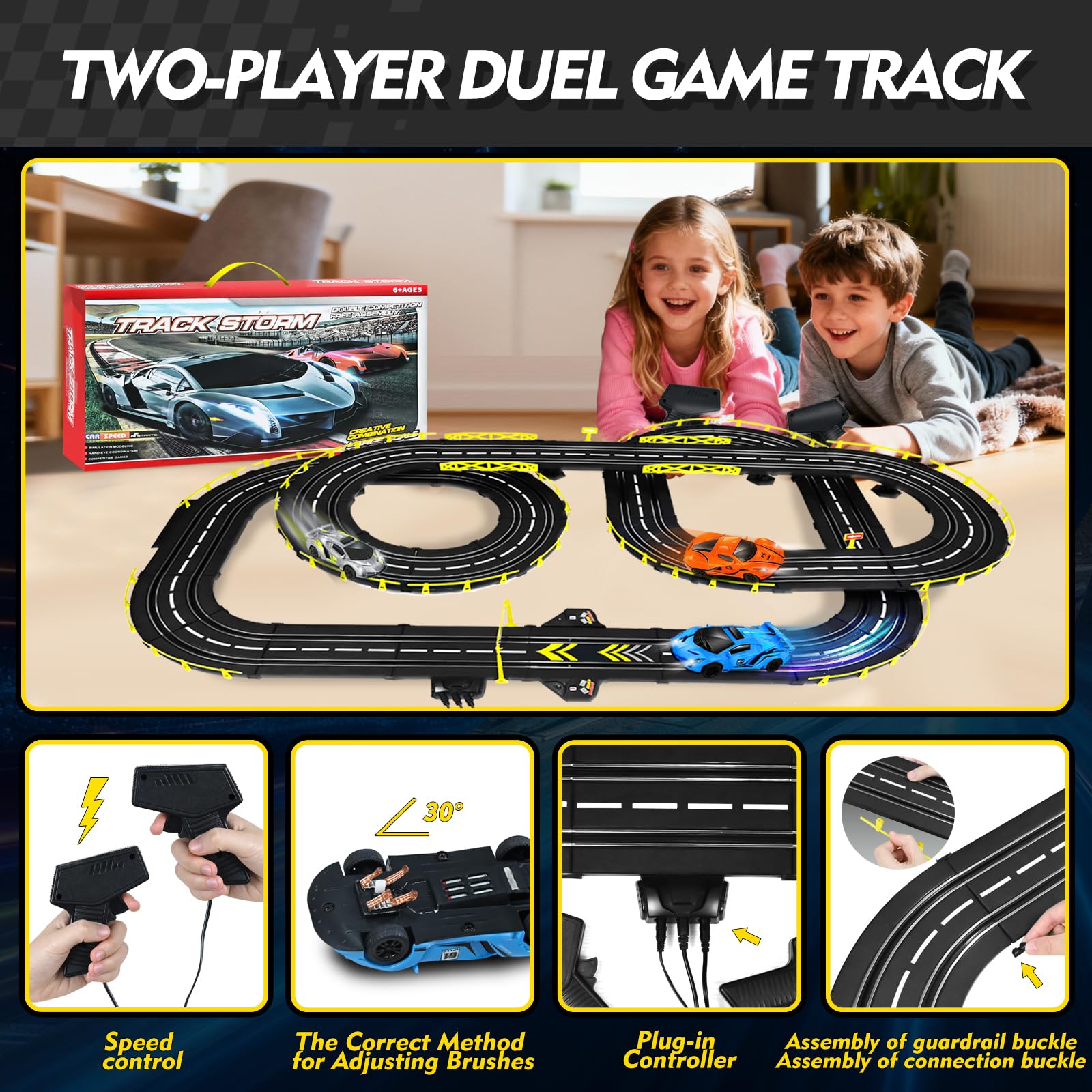 FORMIZON Pista Macchinine Telecomandate per Bambini, Set Pista da Corsa Auto Elettrica con 4 Auto da Corsa e 2 Radiocomandi, Doppia Pista Elettrica Regali Giocattolo Adatti a Bambini dai 6 Anni (B)