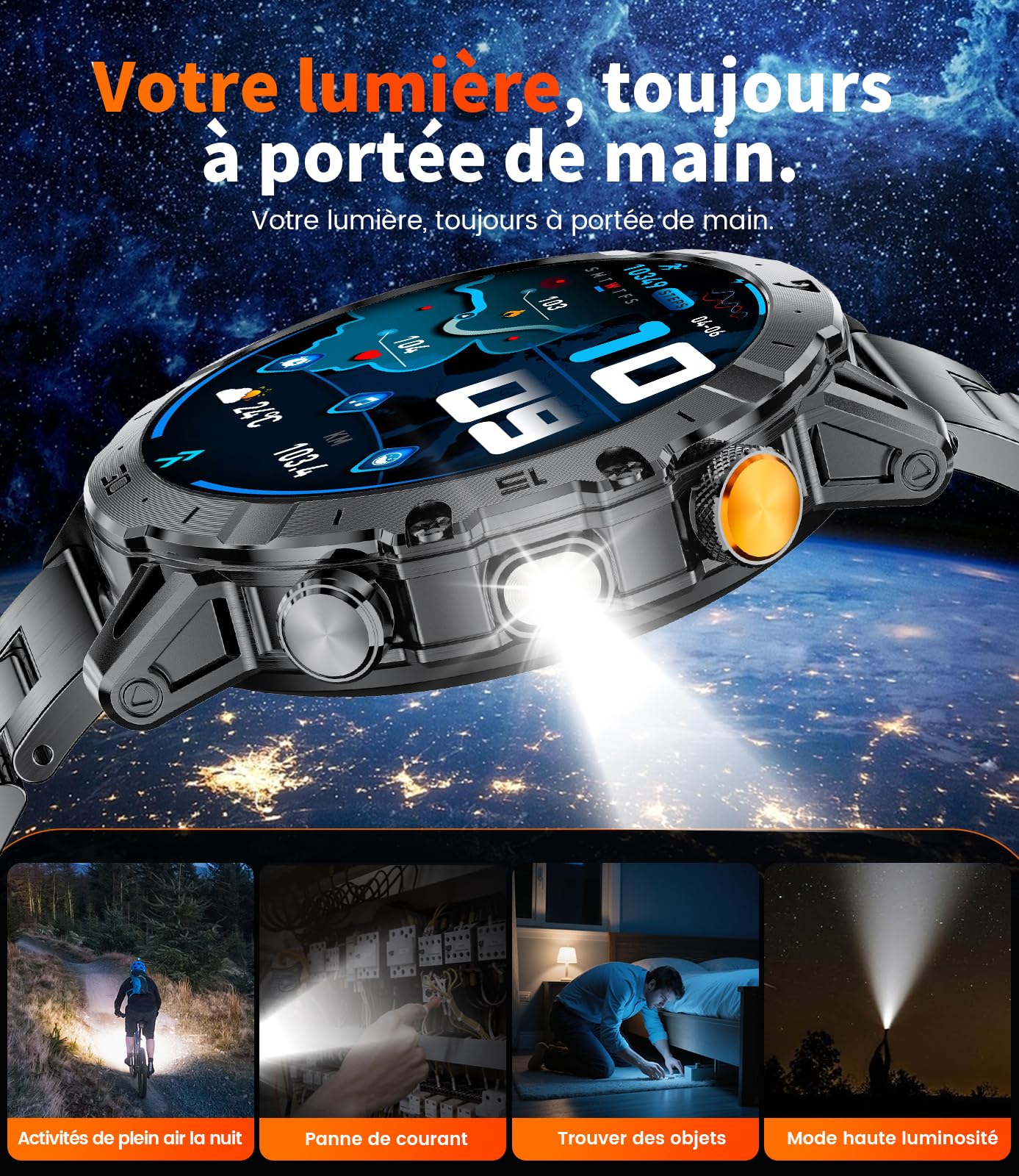 SUNKTA Montre Connectée Homme,1000mAh Longue Autonomie Batterie/1.7‘’ Grand Écran avec Appels/Lampe de Poche/IP68 Étanche Fréquence Cardiaque/Pédomètre,3 Bracelet Smartwatch pour Android iOS
