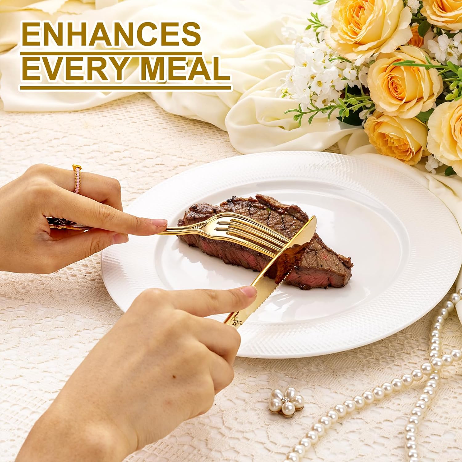 200PCS Gold Plastic Silverware - Heavy Duty Elegant Disposable Utensils - Gold Plastic Cutlery Set Includes 100Forks, 50Spoons, 50Knives for Dinner, Parties, Weddings - Image 8