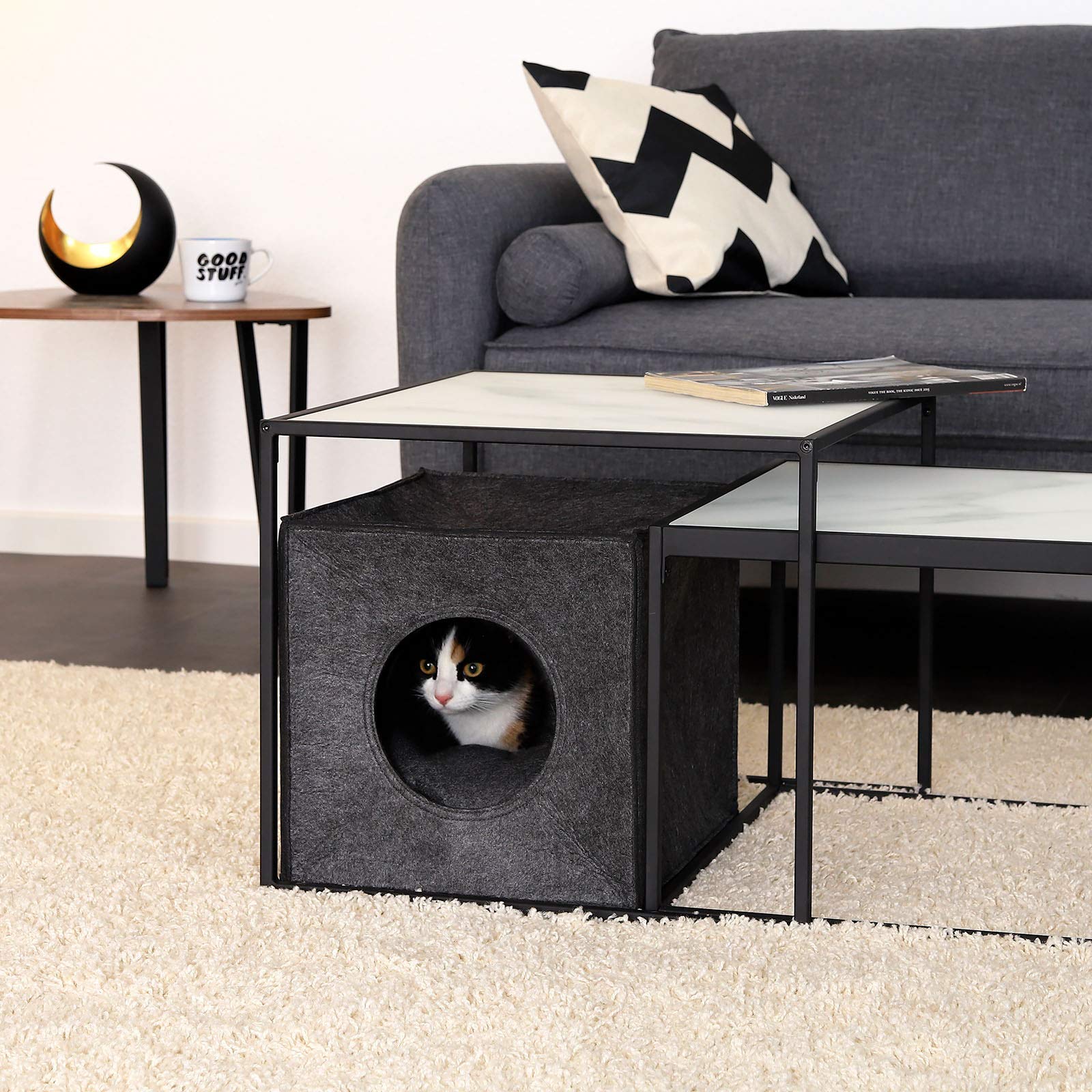 lionto Caverne pour Chats en Feutre Robuste adaptée aux systèmes de rayonnage, 33x37x33 cm, lit pour Chats Pliable en Forme de Cube, Niche avec Coussin Confortable, Gris foncé