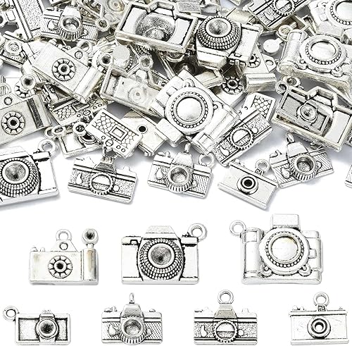 Miniatura 7 de KitBeads 70 piezas de 7 estilos tibetanos para cámara tibetana, dijes de viaje de plata antigua, dijes de fotografía vintage para collares, pulseras