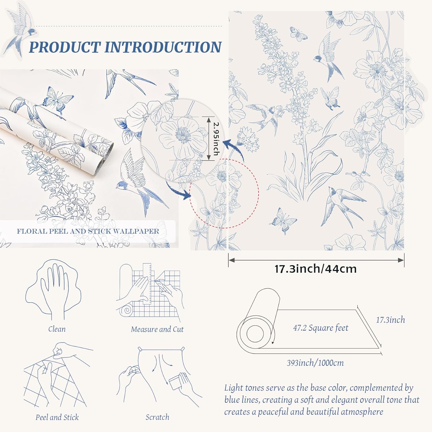Peel and Stick Wallpaper Cream White and Blue Floral Wallpaper Vintage Contact Paper 17.3''×393'' Self Adhesive Wall Paper Removable Boho Wallpapers Decorative for Bedroom Bathroom Cabinets Décor