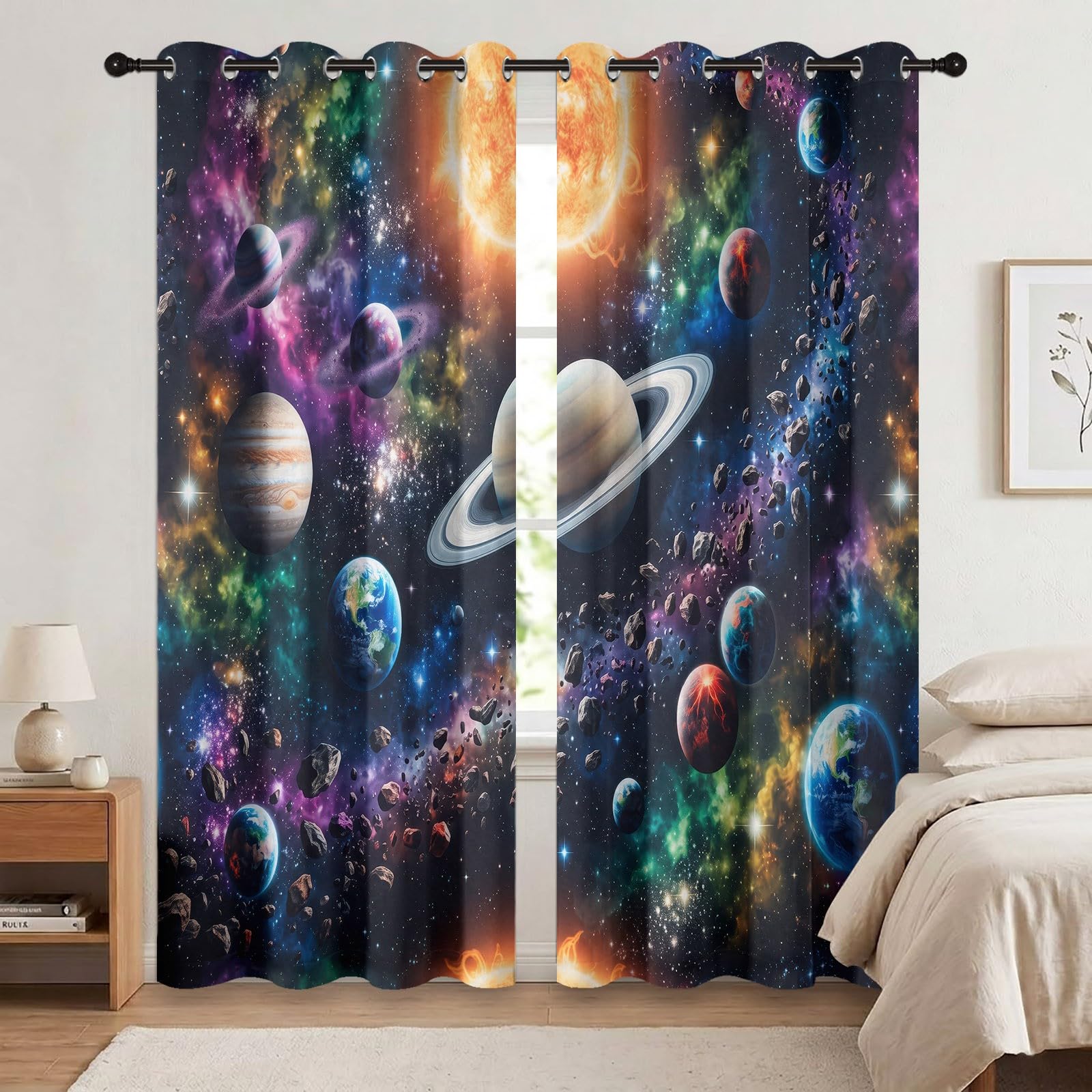 Rideaux Occultant Espace Fantaisie, Rideaux Occultant Planètes Du Système Solaire & Nébuleuse Rideau Thermiques Isolant Anti Froid et Chaleur Rideau à Oeillets pour Salle De Jeu, 2 PCS, 140L X 260H cm