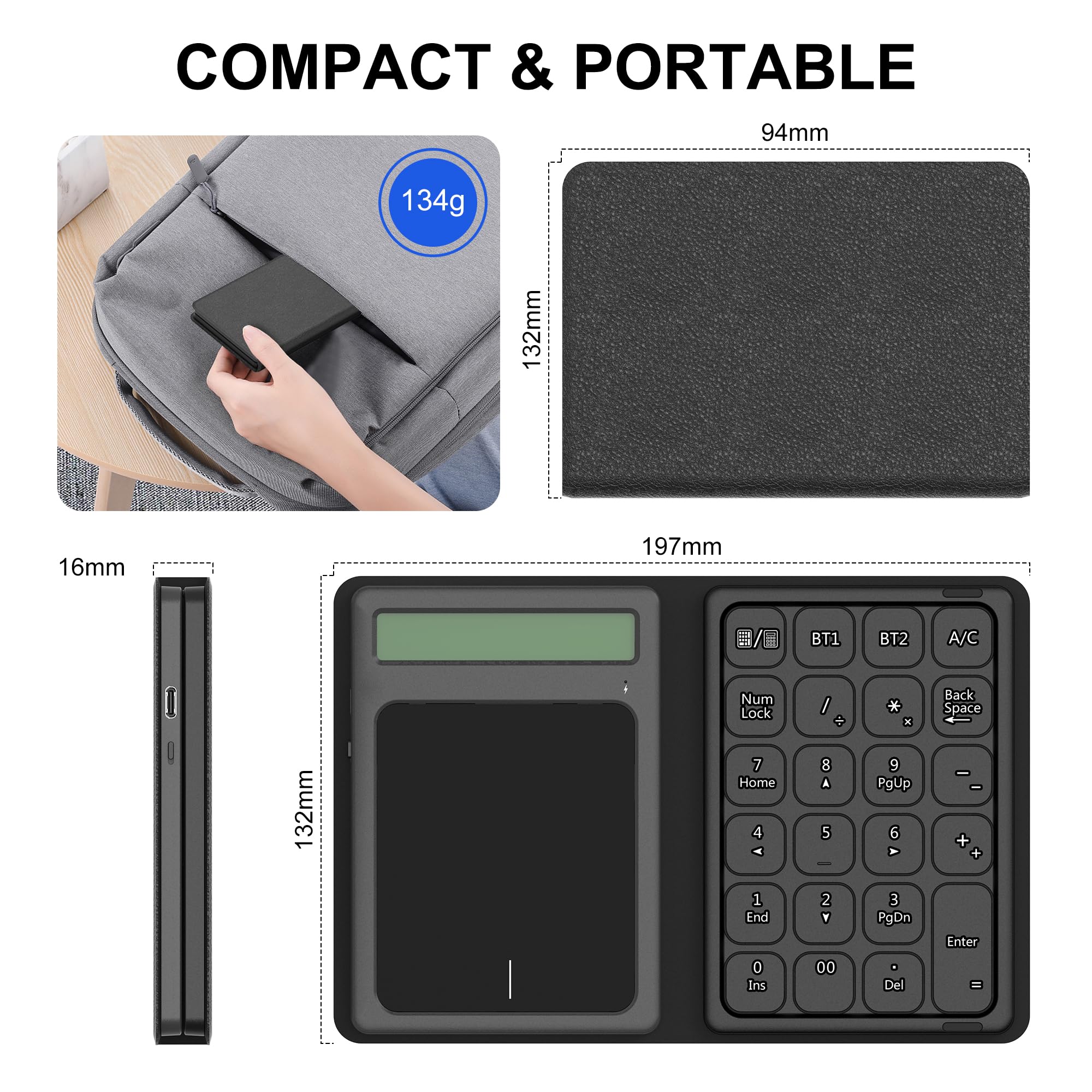 Tastierino numerico Bluetooth con calcolatrice & trackpad - Tastierino numerico wireless portatile pieghevole ricaricabile a 23 tasti, trackpad Bluetooth, inserimento dati e calcolo, track pad 3 in 1