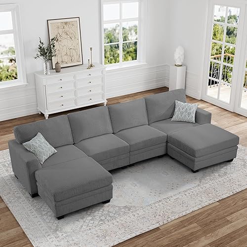 Miniatura 21 de Legend Vansen Sofá modular de gran tamaño, sofá en forma de U de 7 asientos con otomana, sofá de pana con asiento profundo, sofás seccionales