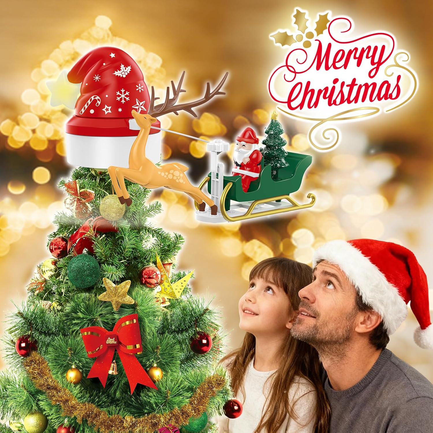 Christmas Tree Decorations,Christmas Tree Topper Santa Hats, Santa Claus Riding a Sleigh and Circling Around the Trees in the Light and Music, Unique Holiday Xmas Decorations Funny Home Decor