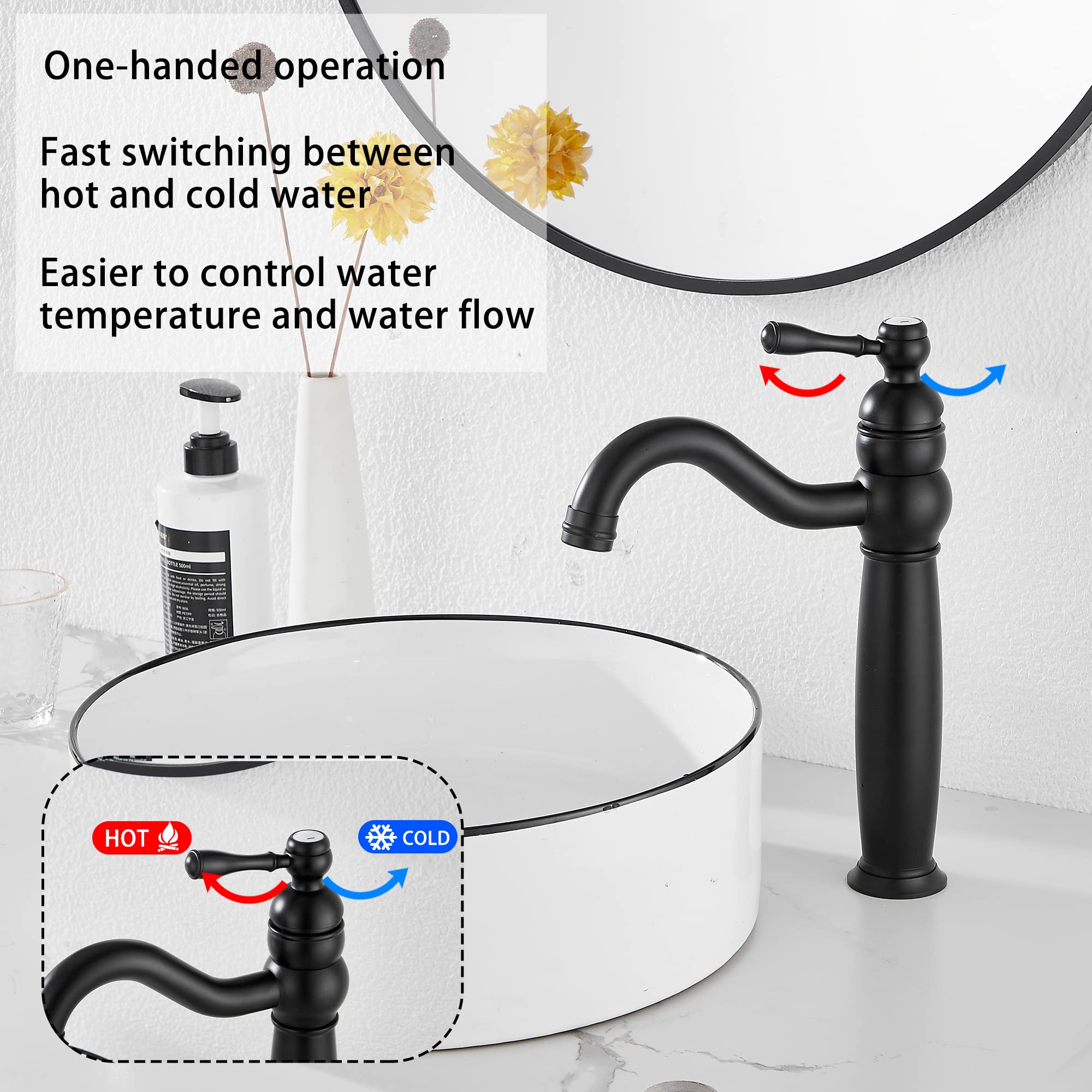 GGStudy Matte Black Bathroom Faucet 360° Swivel Single-Handle 1 Hole Bathroom Vessel Sink Faucet Matching Pop Up Drain