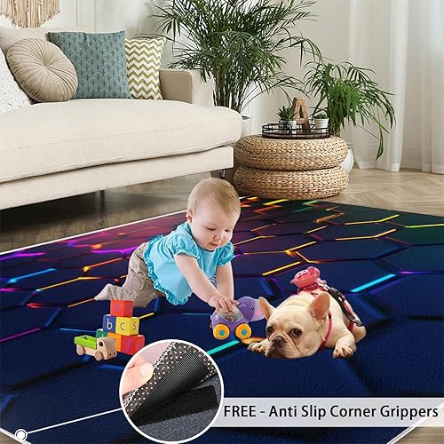 Miniatura 5 de Neon Hexagon Rugs for Bedroom, Futuristic Hexagon Area Rug, Cyberpunk Geometric Rugs for Living Room, Indoor Non-Slip Rug, Machine Washable Carpet